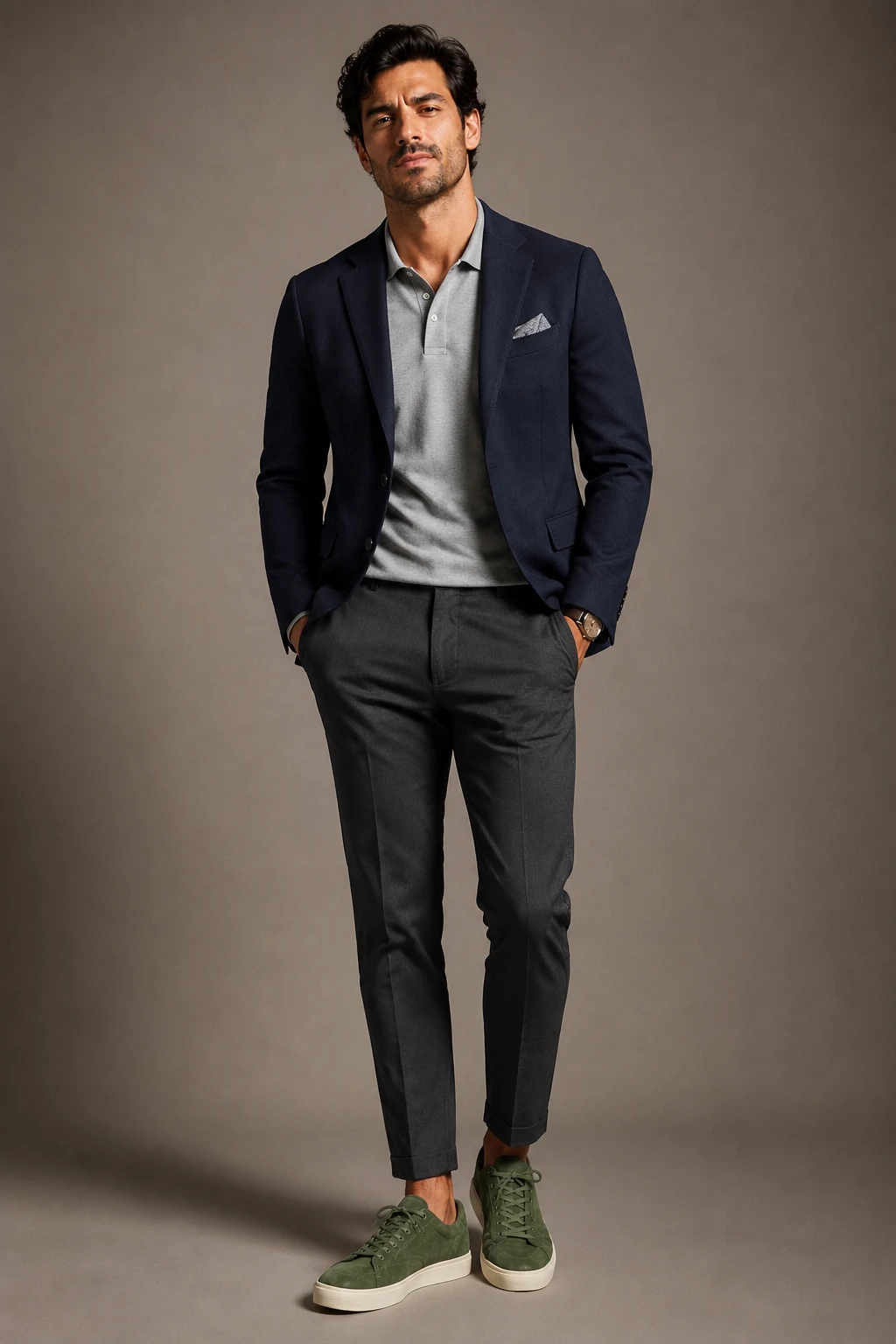 The Navy Blazer That Changes Everything — mens green tennis shoes outfit style outfit, worn by a stylish man