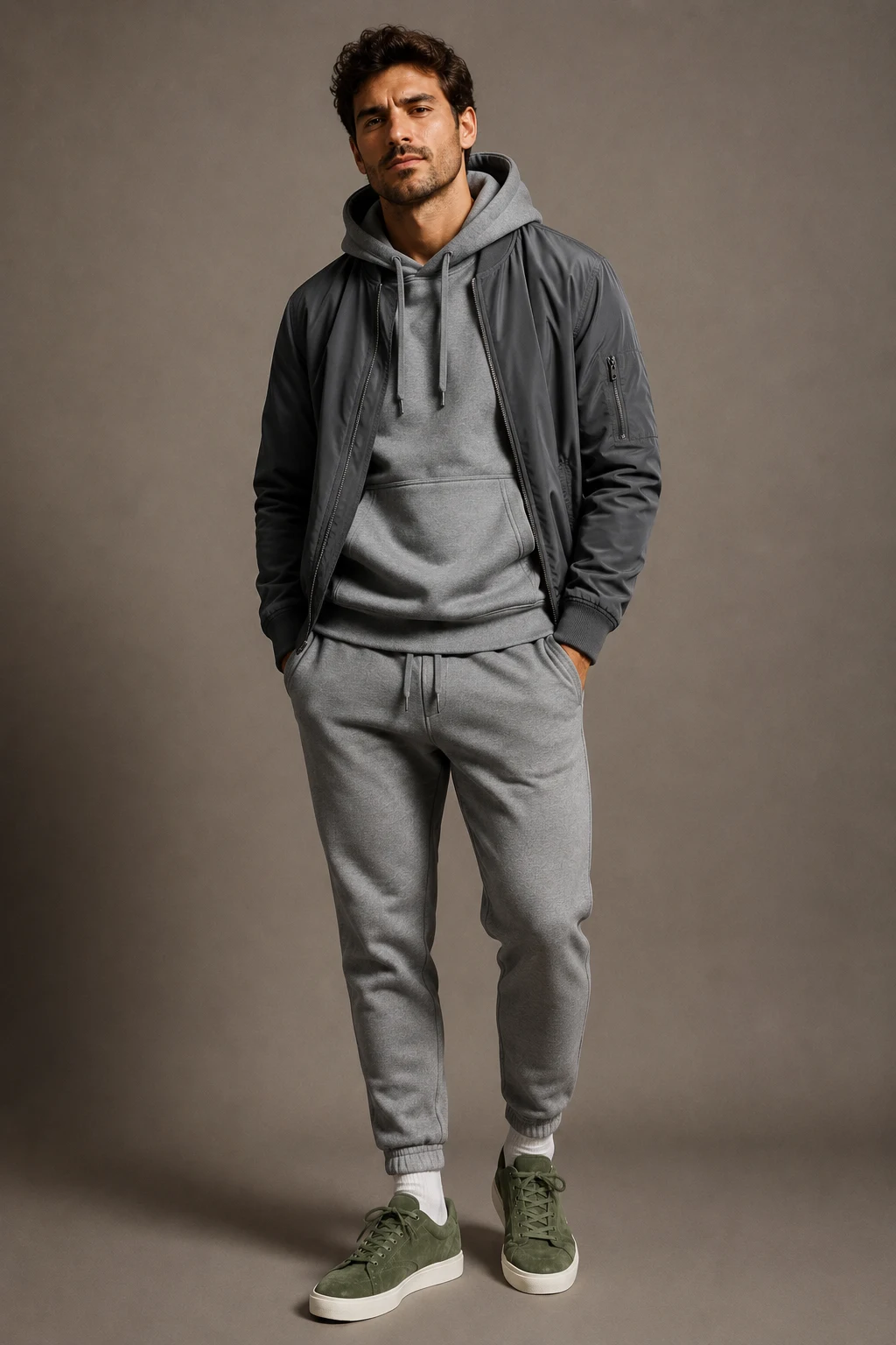 The Monochrome Streetwear Upgrade — mens green tennis shoes outfit style outfit, worn by a stylish man