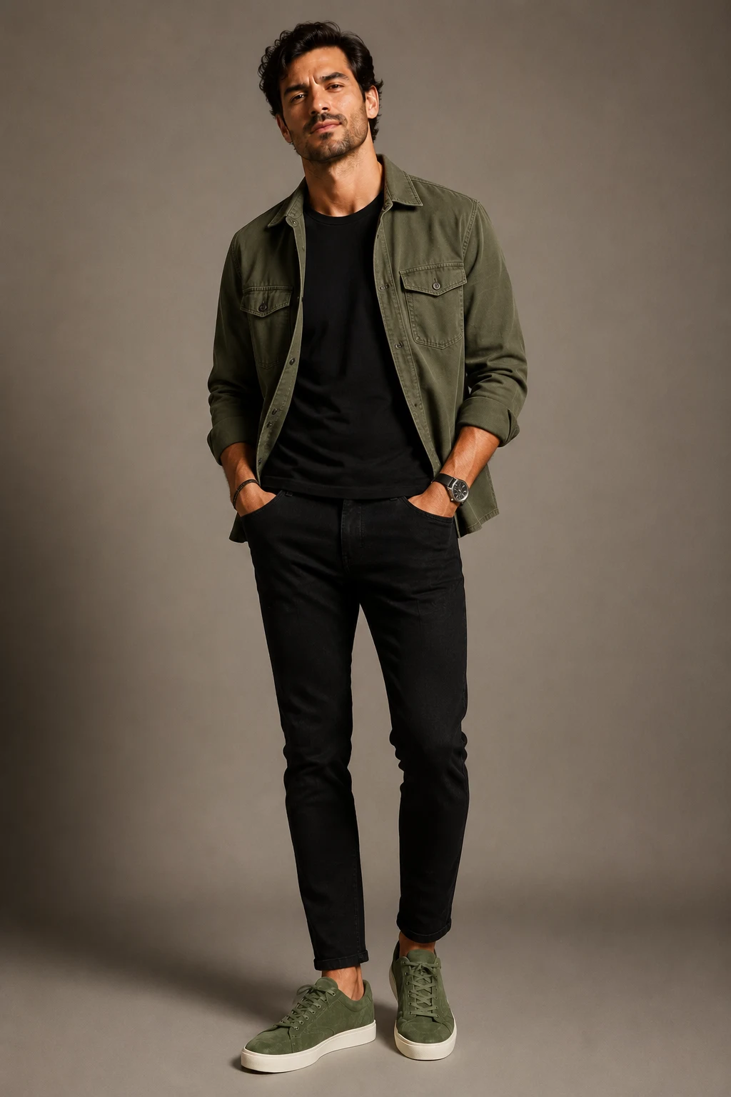 The Black Jeans Contrast King — mens green tennis shoes outfit style outfit, worn by a stylish man