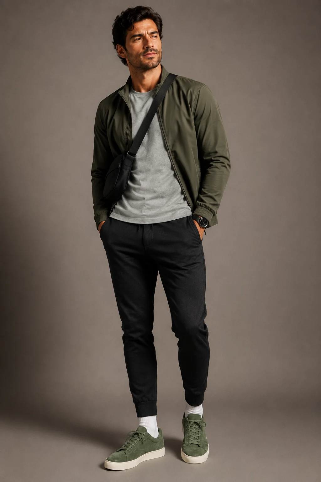 The Athletic Off-Duty Travel Fit — mens green tennis shoes outfit style outfit, worn by a stylish man