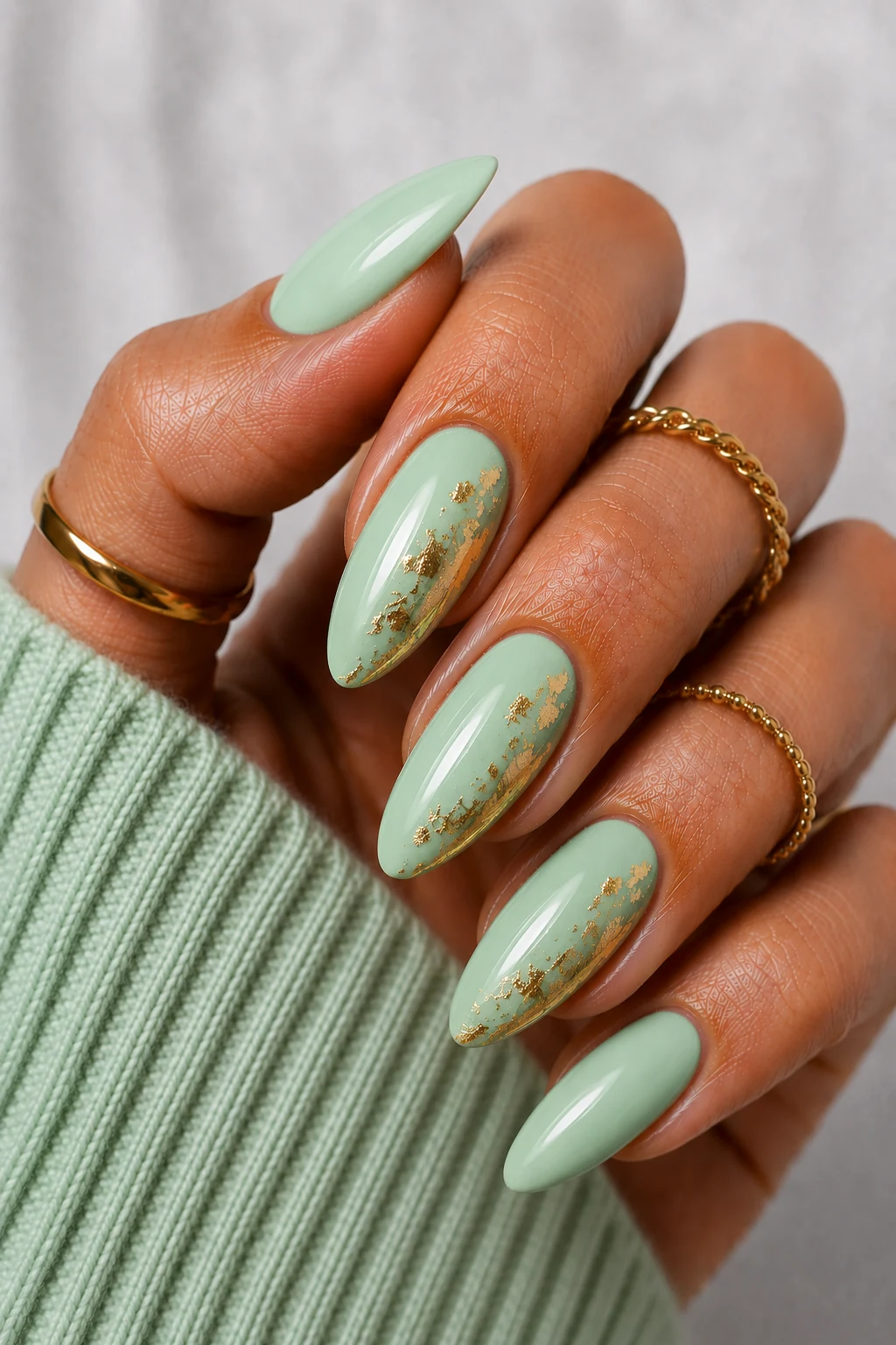 Mint Green Nail Ideas With Gold Foil Accents — mint green nail ideas style outfit, worn by a stylish woman
