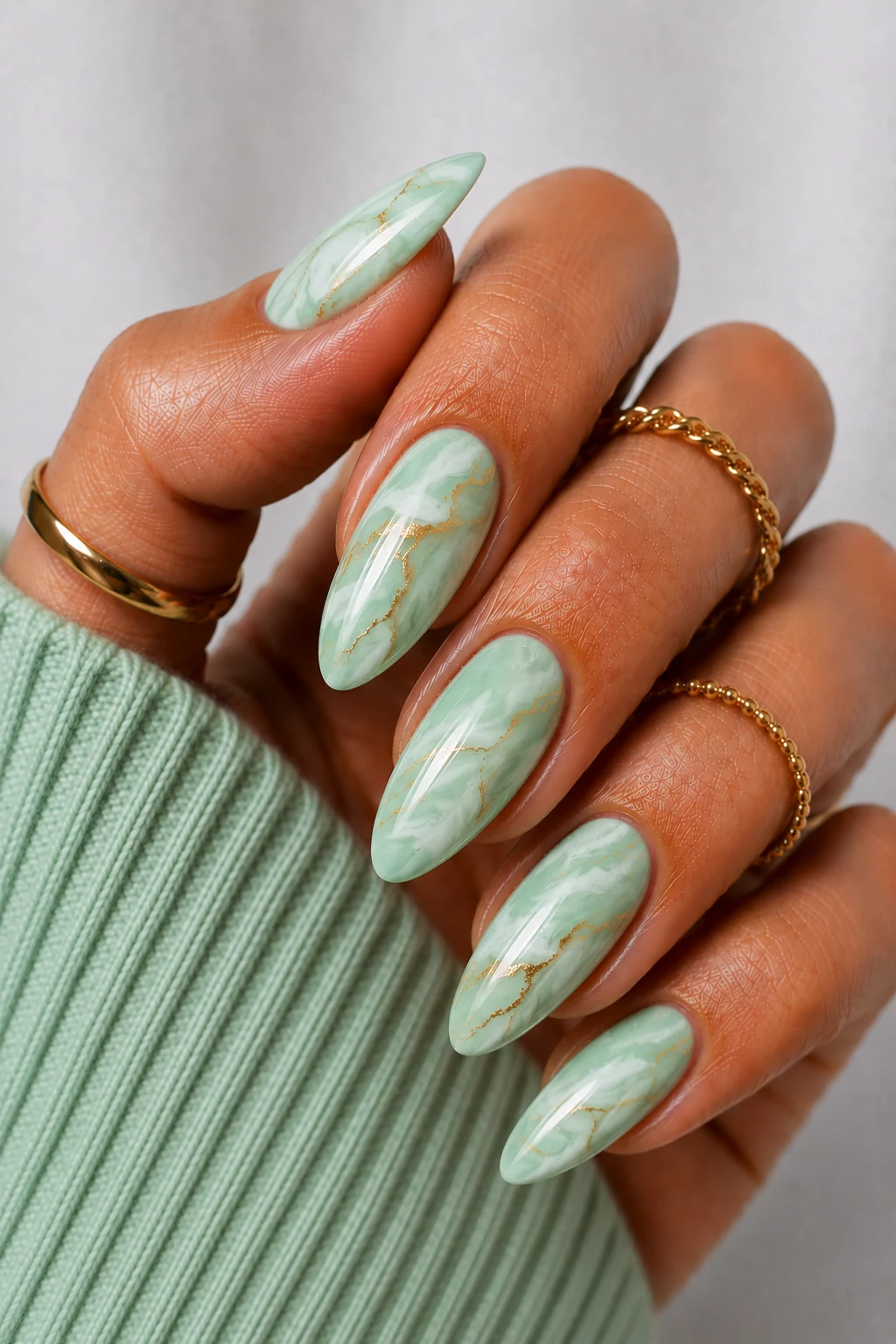 Mint Marble Magic — mint green nail ideas style outfit, worn by a stylish woman