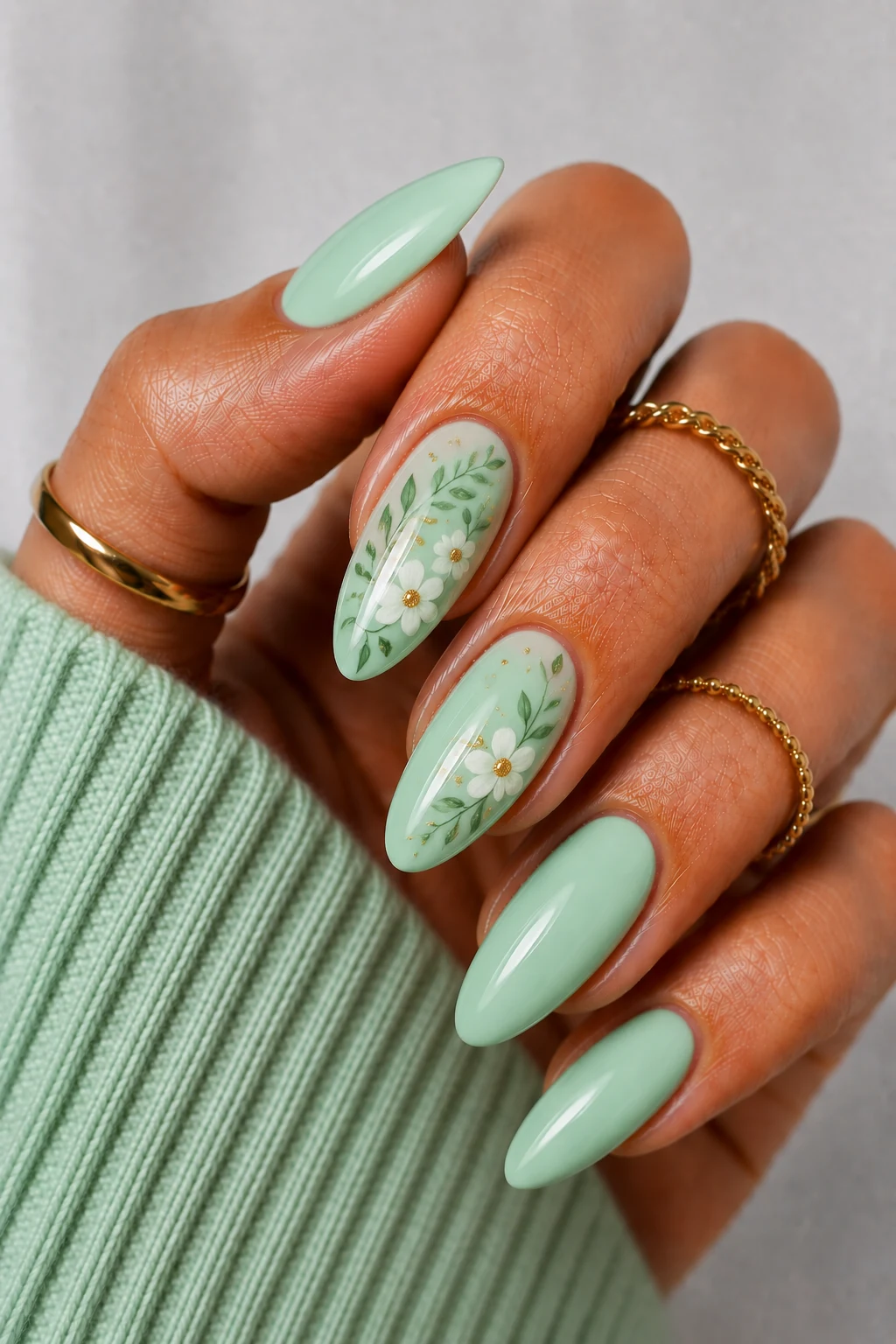Botanical Mint Green Nail Ideas — mint green nail ideas style outfit, worn by a stylish woman