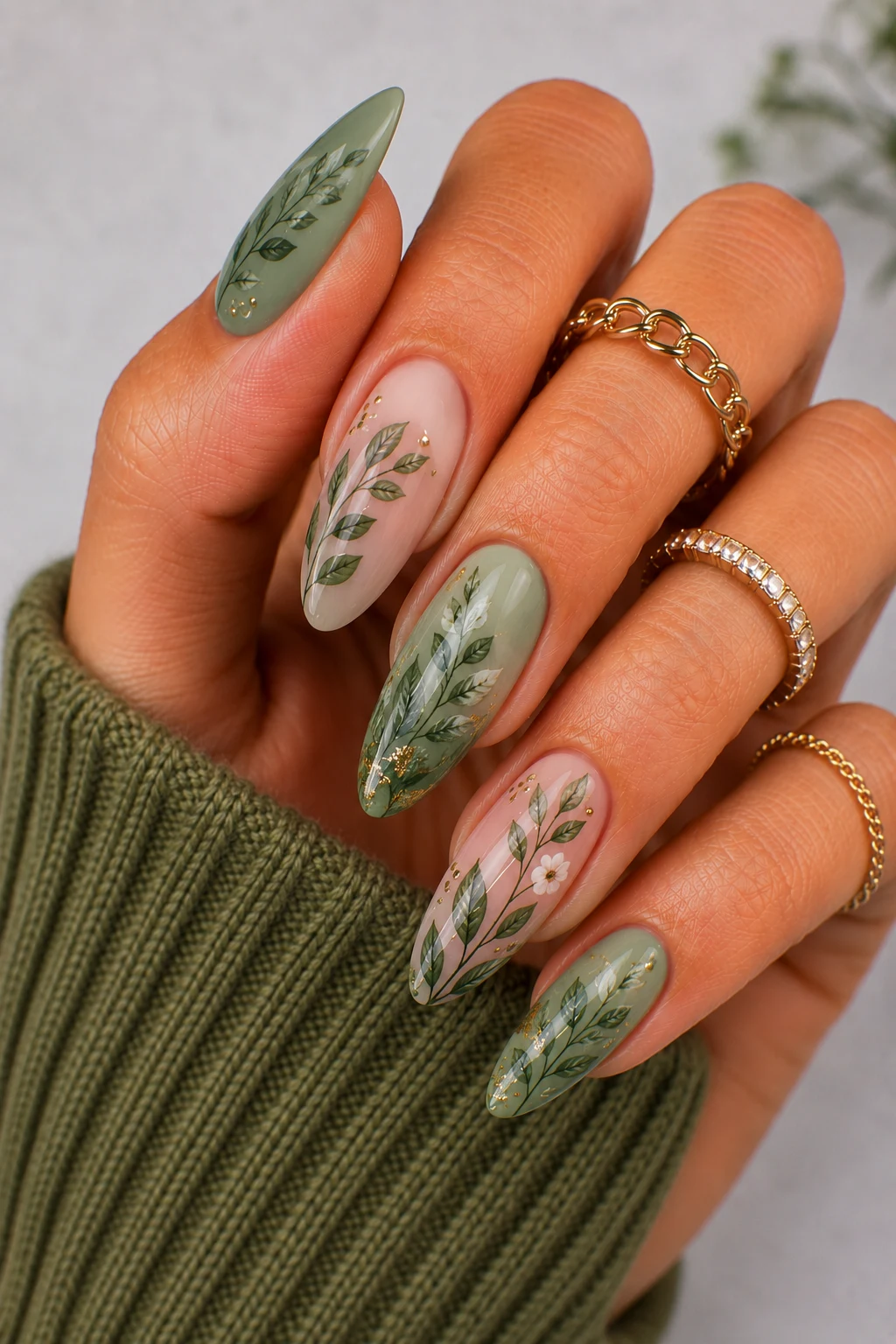 Botanical Green Nail Art Ideas — nail green ideas style outfit, worn by a stylish woman