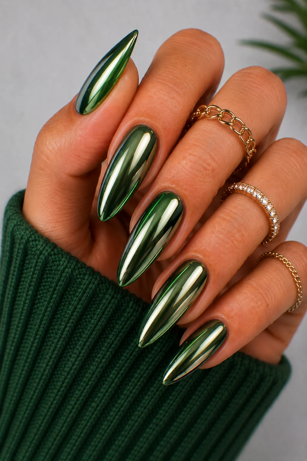 Green Chrome Luxury — nail green ideas style outfit, worn by a stylish woman