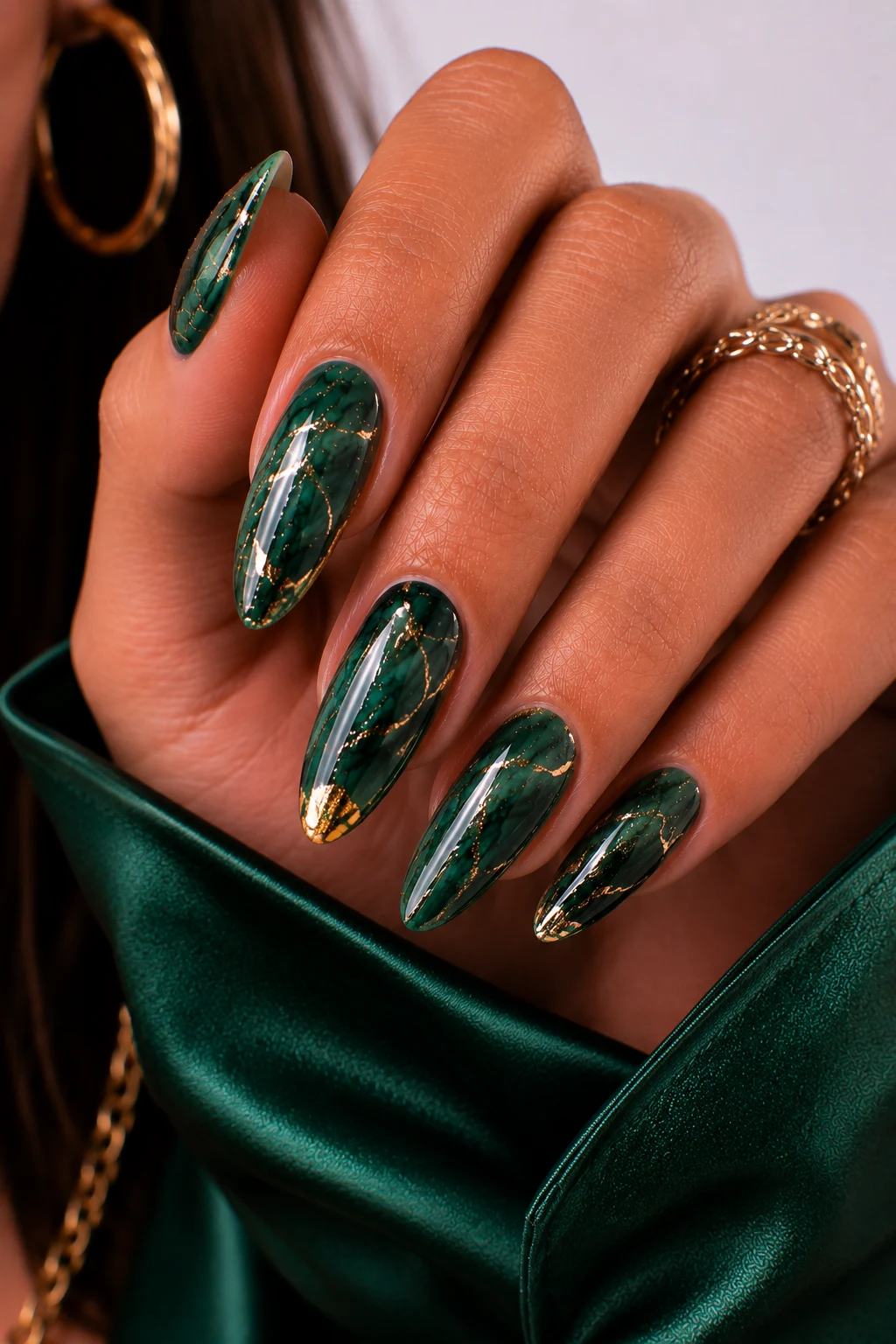 Emerald Marble Luxury — nail ideas dark green style outfit, worn by a stylish woman