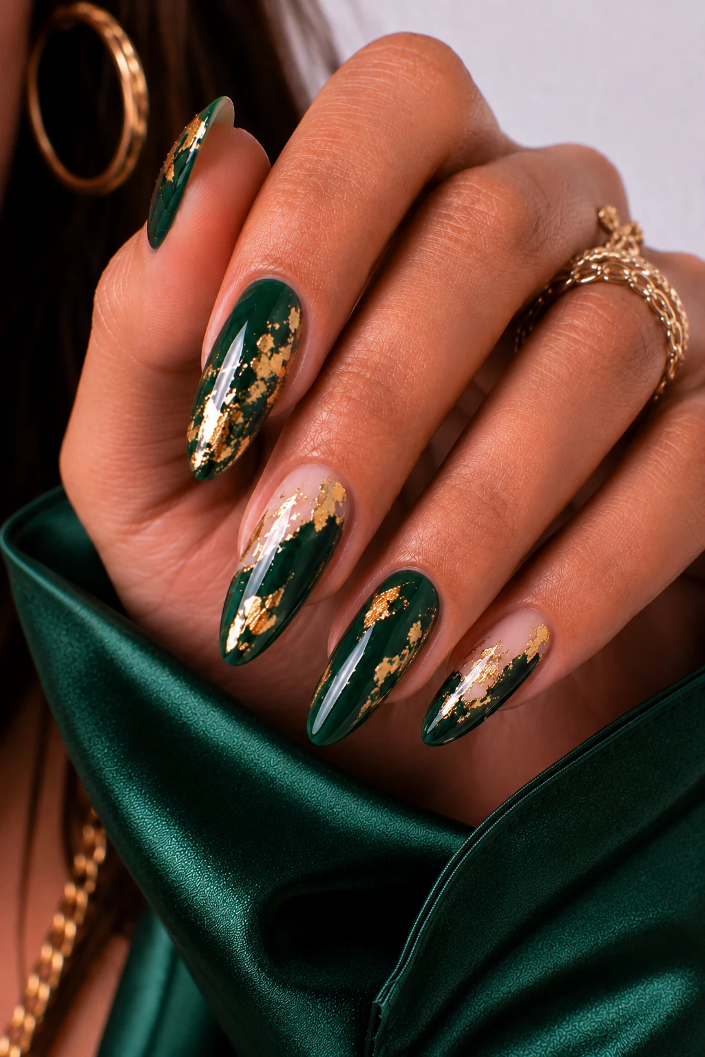 Nail Ideas Dark Green with Gold Foil Glam — nail ideas dark green style outfit, worn by a stylish woman