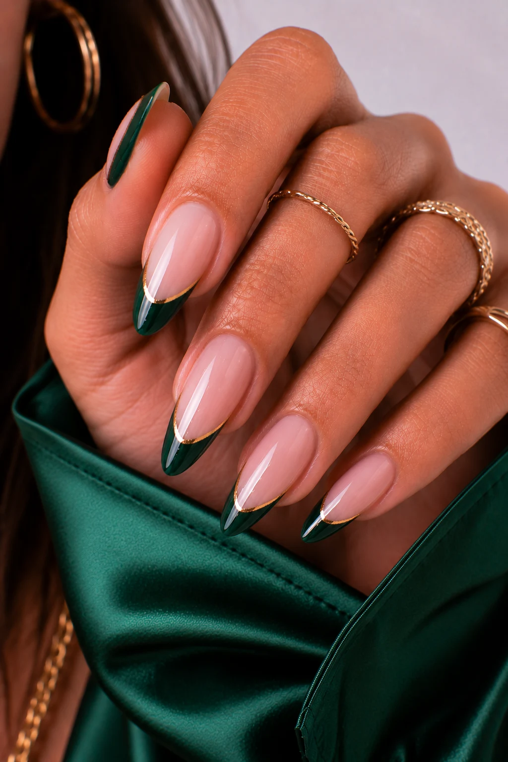 Dark Green French Tip Perfection — nail ideas dark green style outfit, worn by a stylish woman
