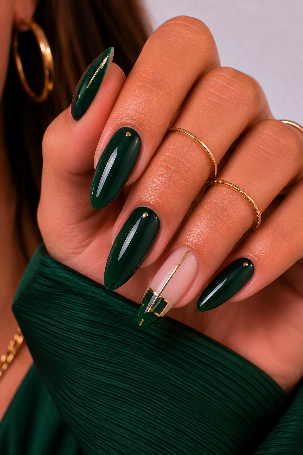 Nail Ideas Dark Green Minimalist Chic — nail ideas dark green style outfit, worn by a stylish woman