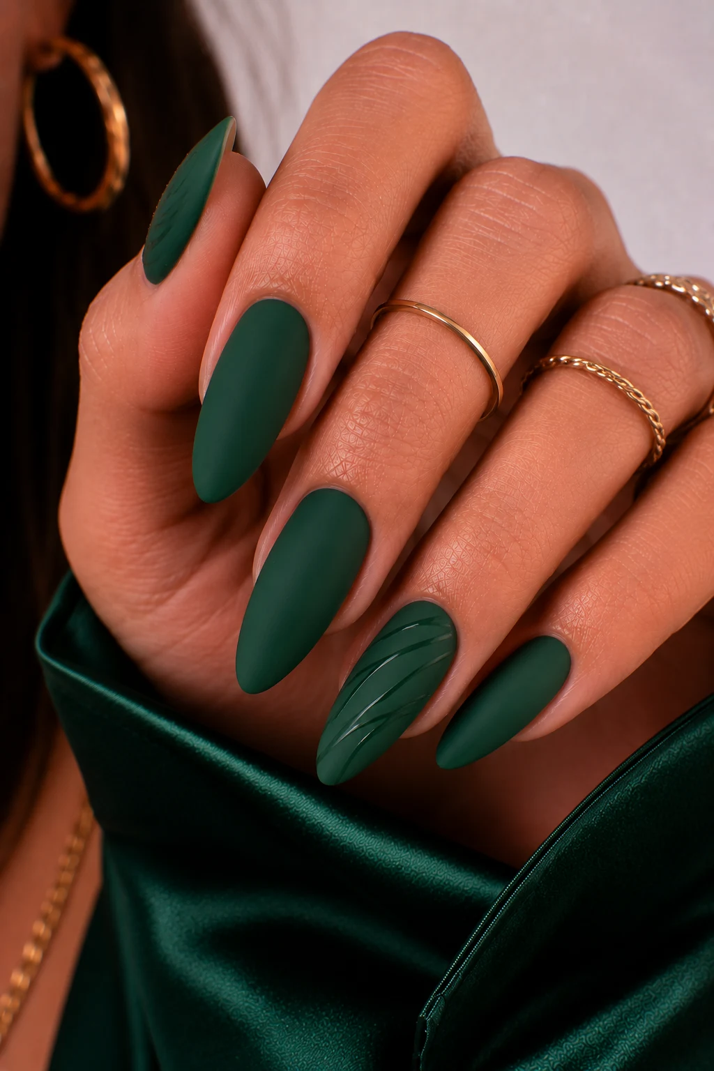 Matte Forest Green Elegance — nail ideas dark green style outfit, worn by a stylish woman