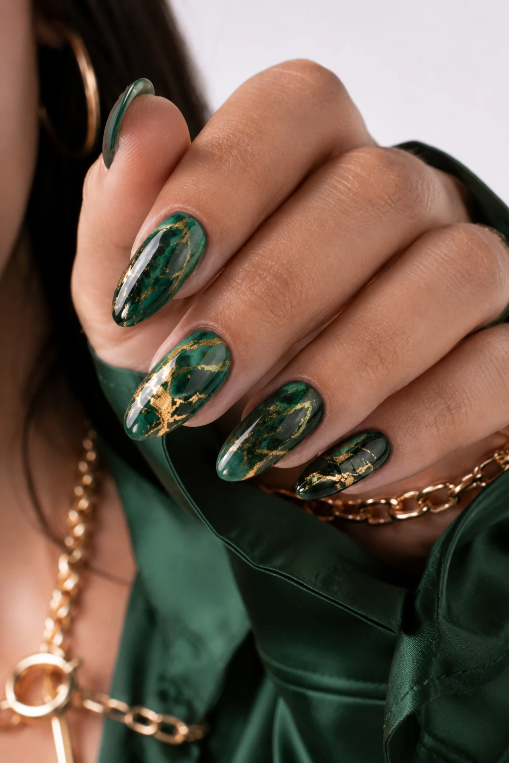 Emerald Marble Royalty — nail ideas green and gold style outfit, worn by a stylish woman