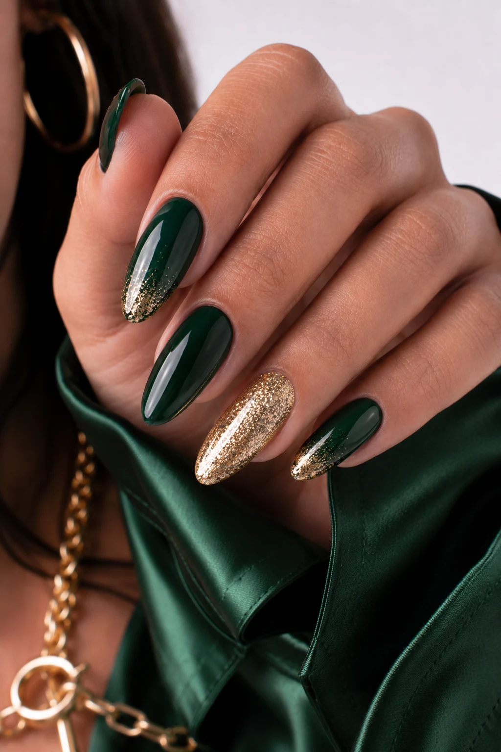 Glittering Emerald Glam — nail ideas green and gold style outfit, worn by a stylish woman
