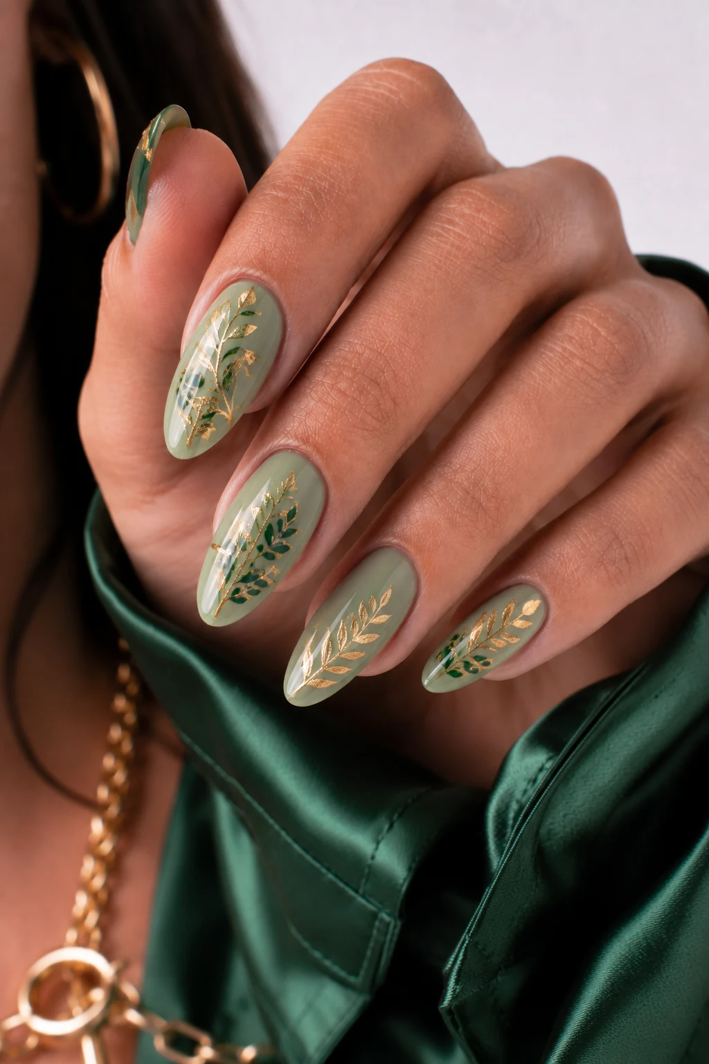 Botanical Green and Gold Art — nail ideas green and gold style outfit, worn by a stylish woman