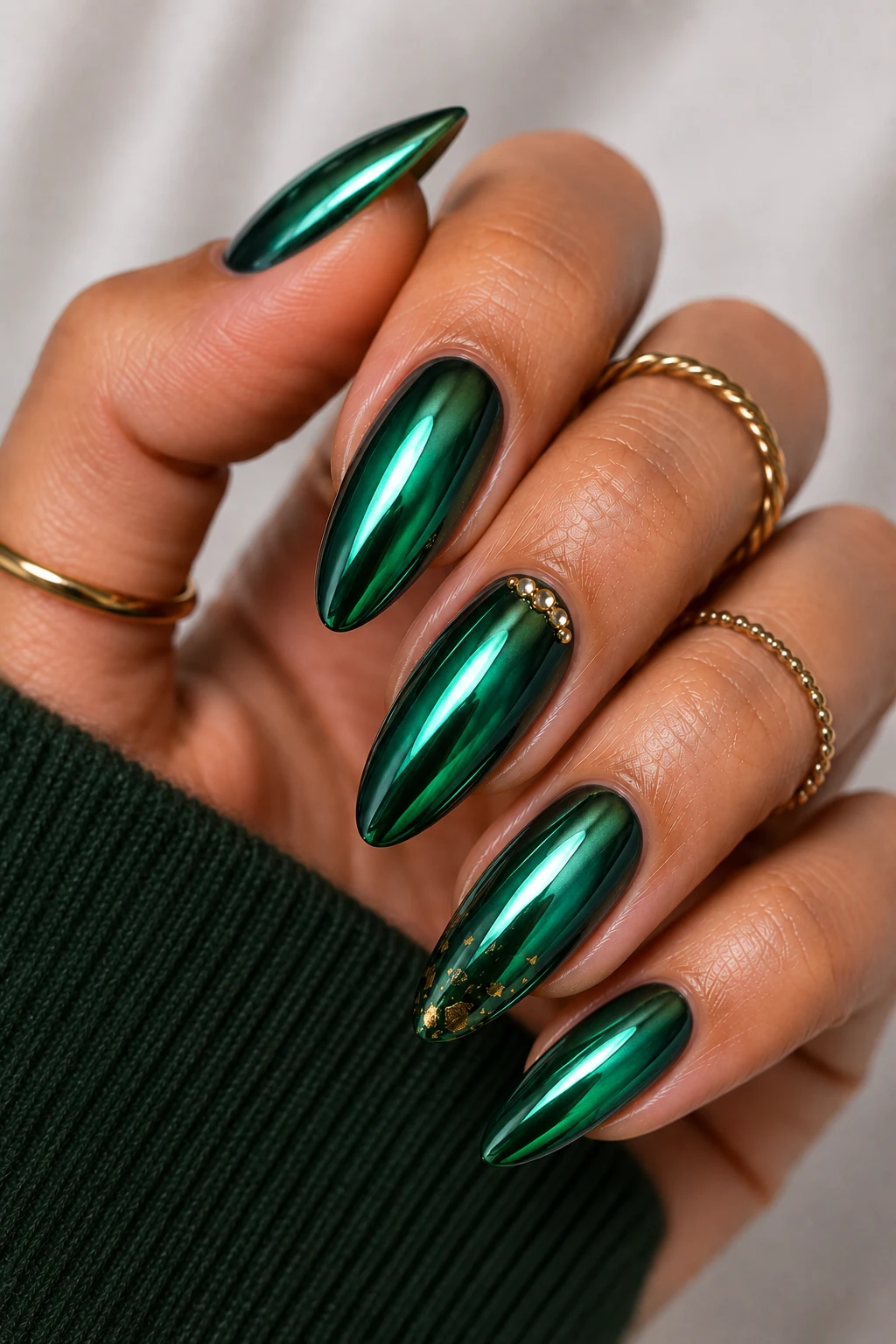 Emerald Chrome Nail Ideas Green Lovers Obsess Over — nail ideas green style outfit, worn by a stylish woman