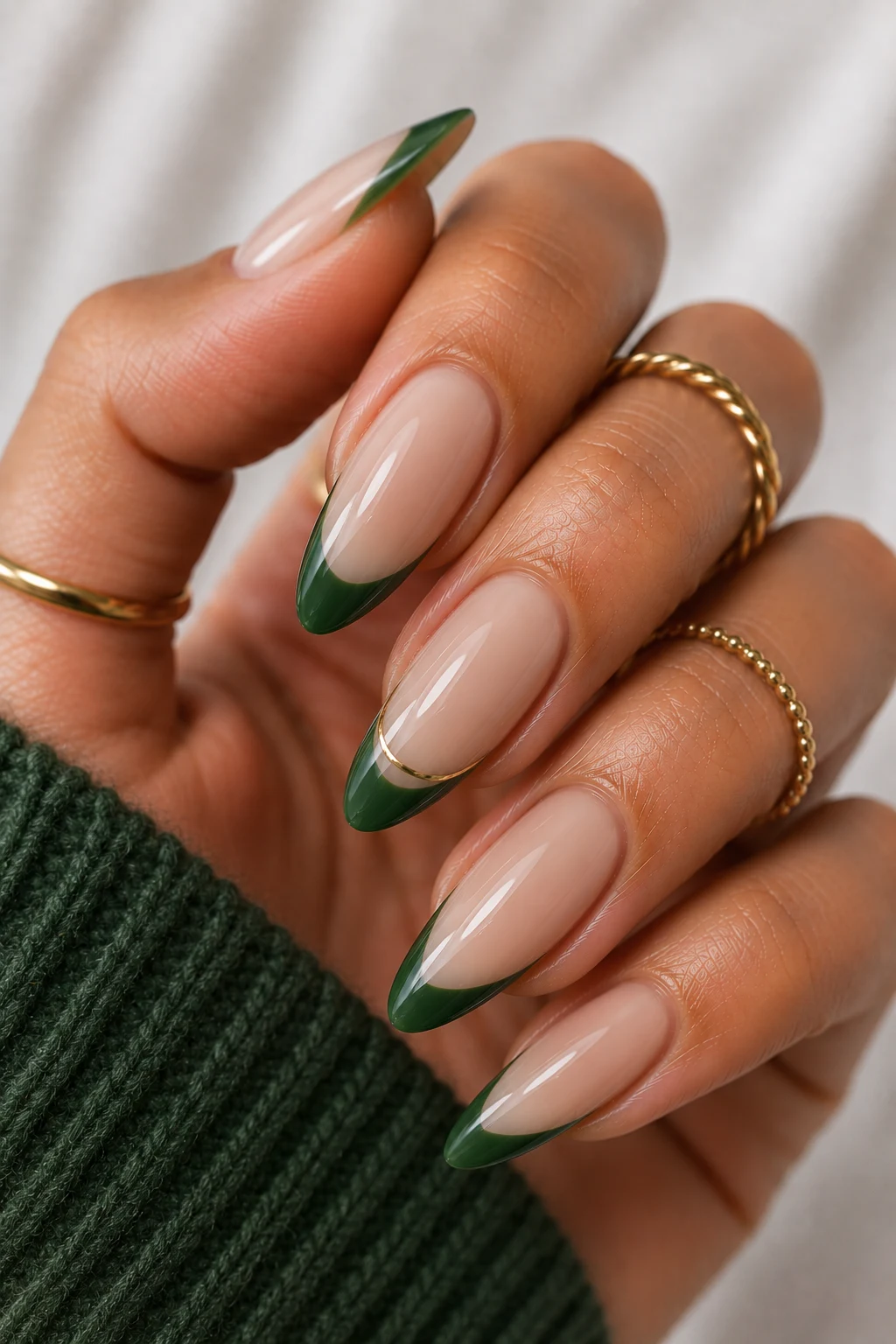 Modern Green French Tips — nail ideas green style outfit, worn by a stylish woman