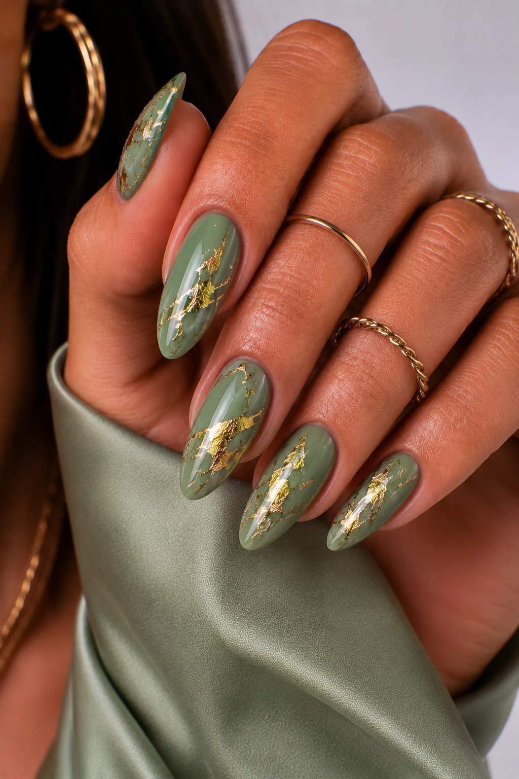 Gold Foil Sage Green Glam — nail ideas sage green style outfit, worn by a stylish woman