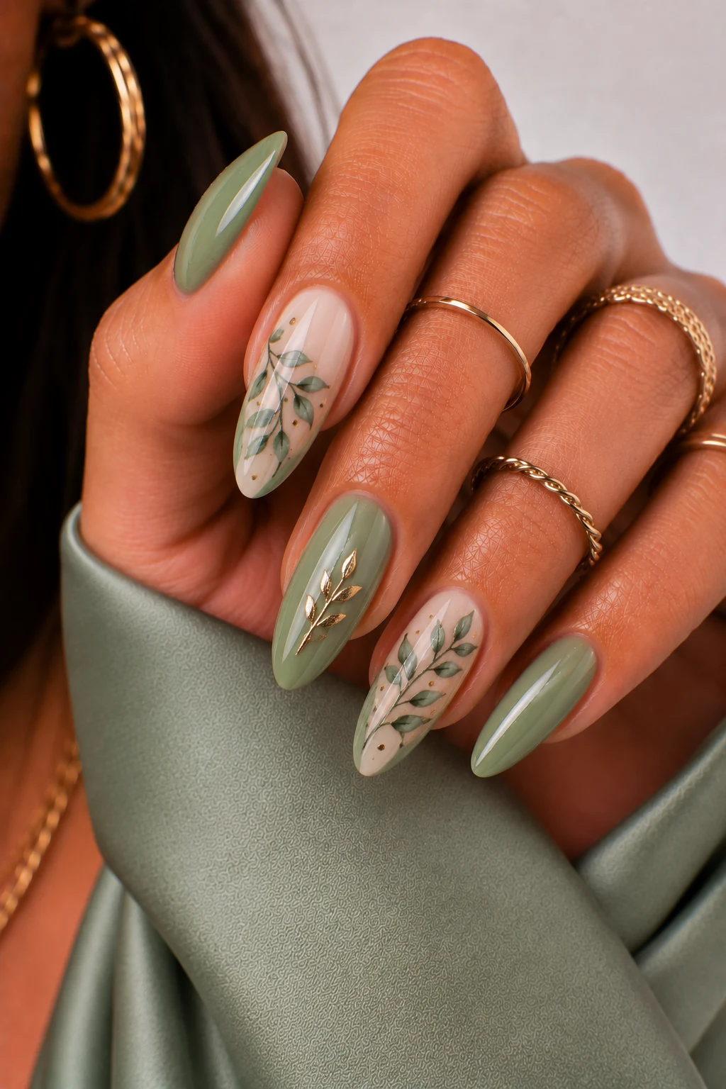Botanical Nail Ideas Sage Green — nail ideas sage green style outfit, worn by a stylish woman
