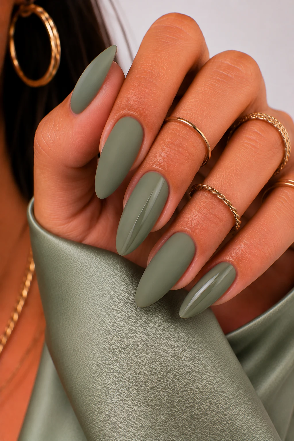 Matte Sage Green Elegance — nail ideas sage green style outfit, worn by a stylish woman