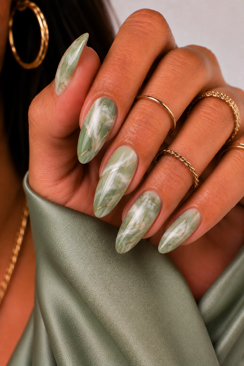 Sage Green Marble Beauty — nail ideas sage green style outfit, worn by a stylish woman