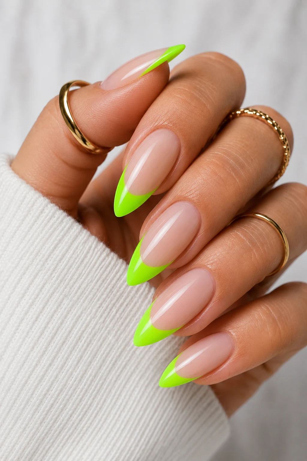 Neon Green Nail Ideas With Chrome Mirror Shine — neon green nail ideas style outfit, worn by a stylish woman