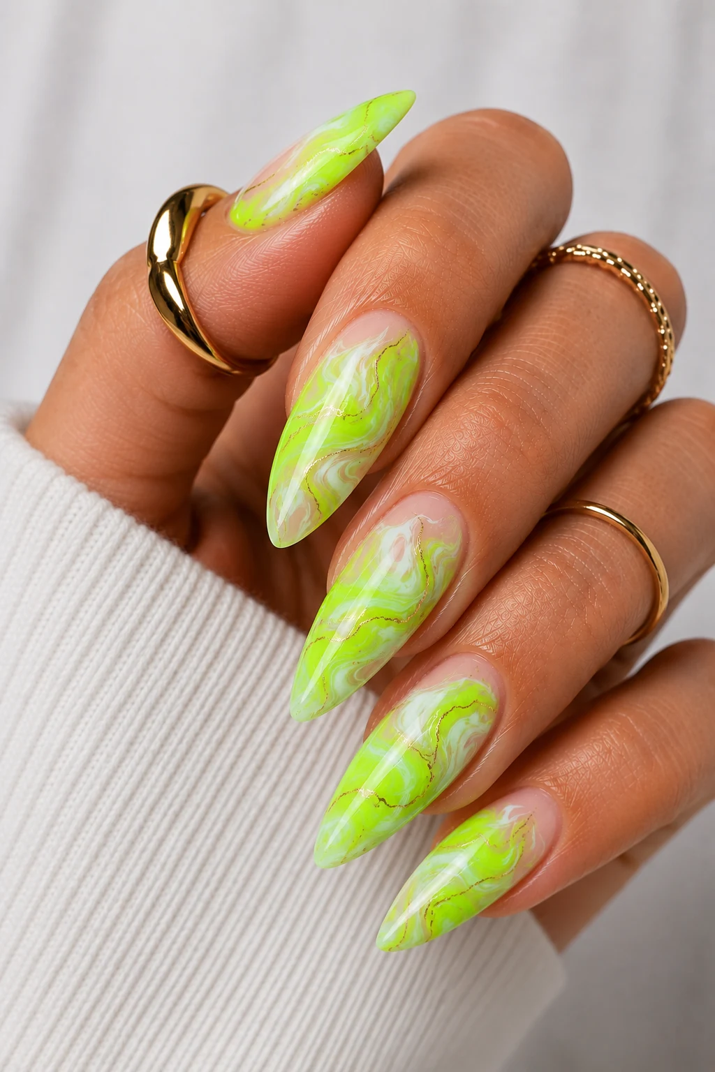 Swirling Neon Green Marble Magic — neon green nail ideas style outfit, worn by a stylish woman