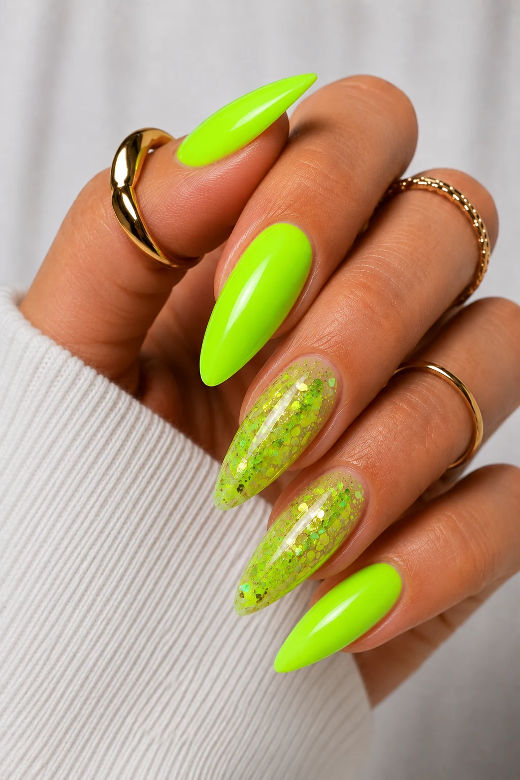 Neon Green Nail Ideas With Glitter Party Energy — neon green nail ideas style outfit, worn by a stylish woman