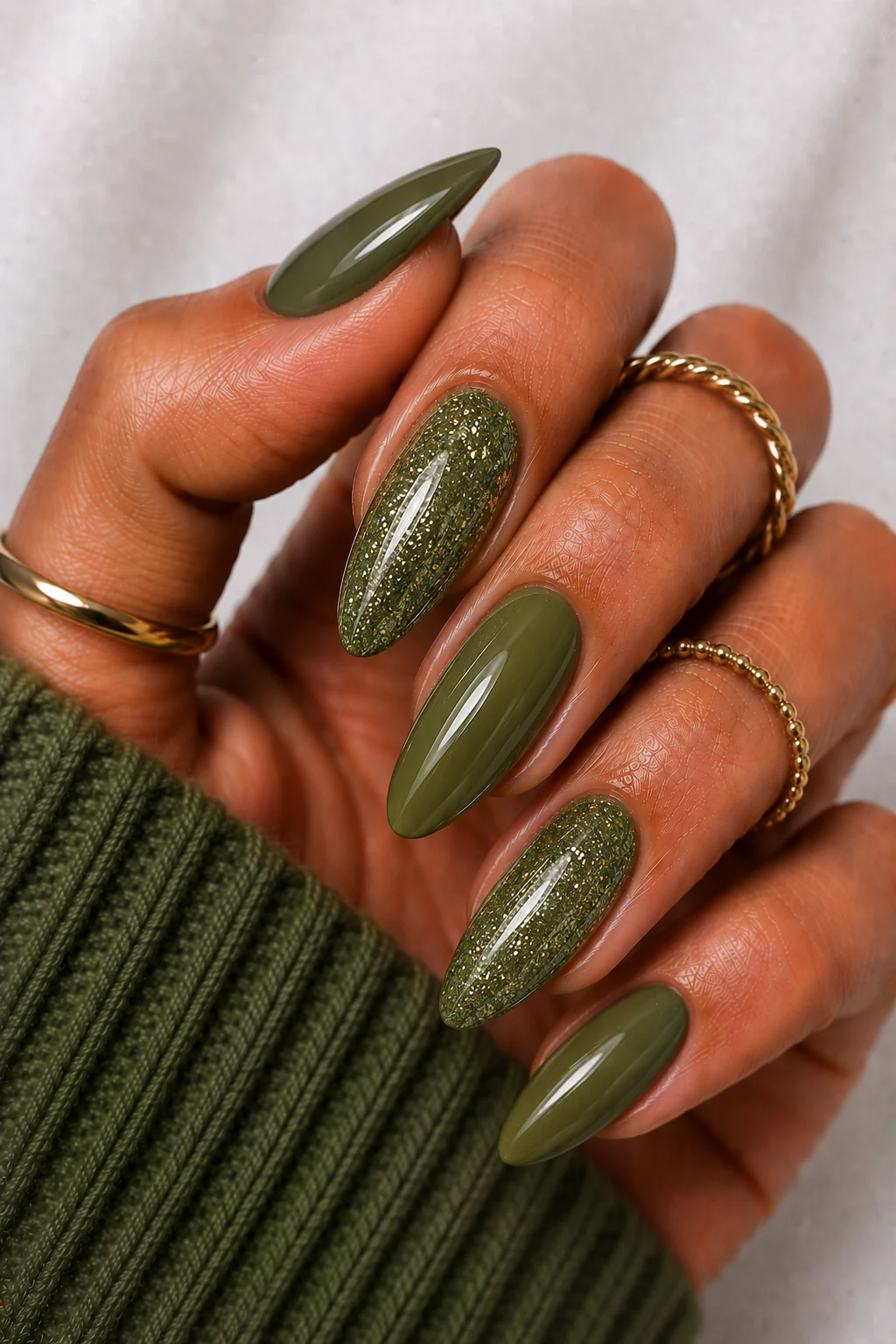 Olive Green Nail Ideas With Glitter Glam — olive green nail ideas style outfit, worn by a stylish woman