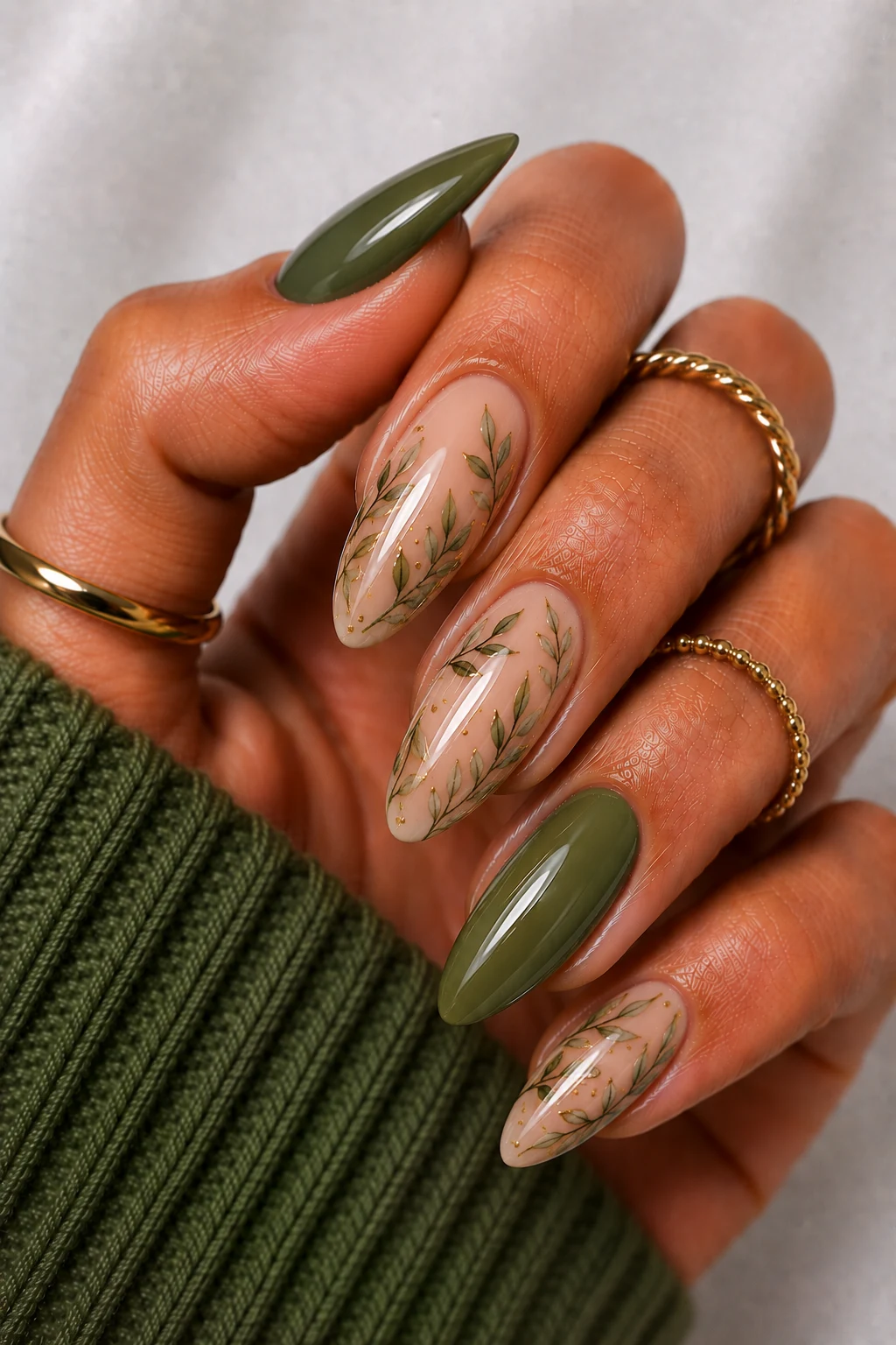 Botanical Olive Green Nail Ideas — olive green nail ideas style outfit, worn by a stylish woman