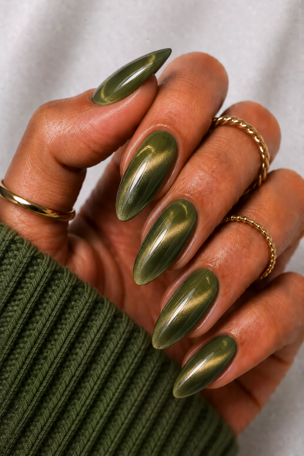 Deep Olive Velvet Elegance — olive green nail ideas style outfit, worn by a stylish woman