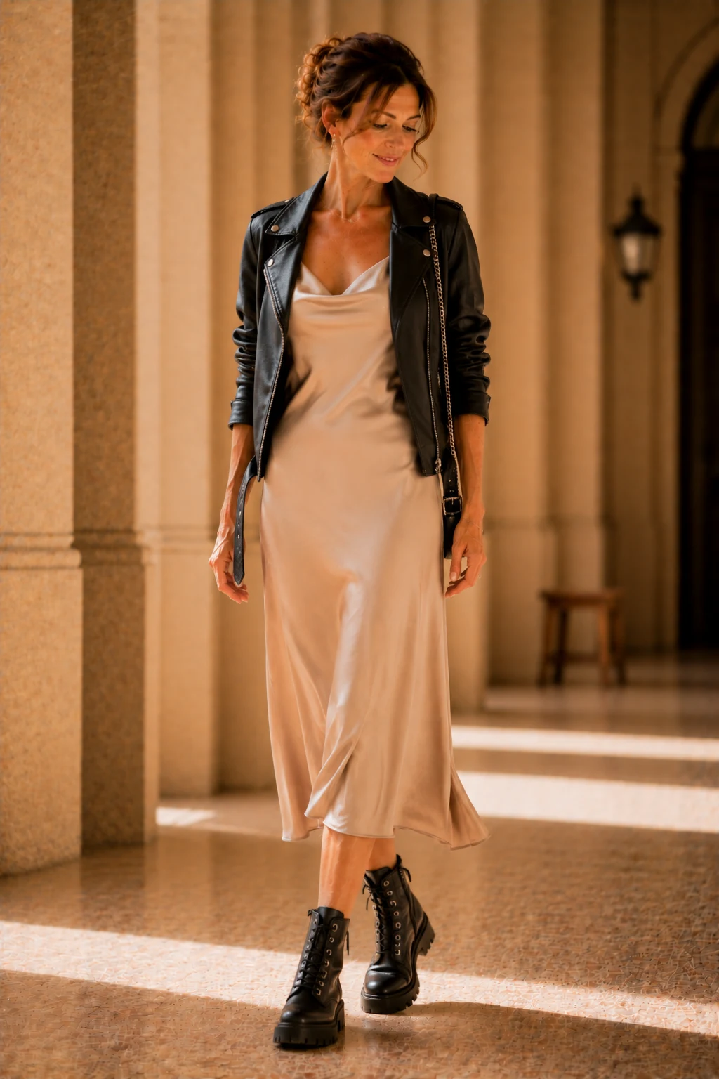 The Slip Dress and Combat Boots Contrast — outfit 90er style outfit, worn by a stylish woman