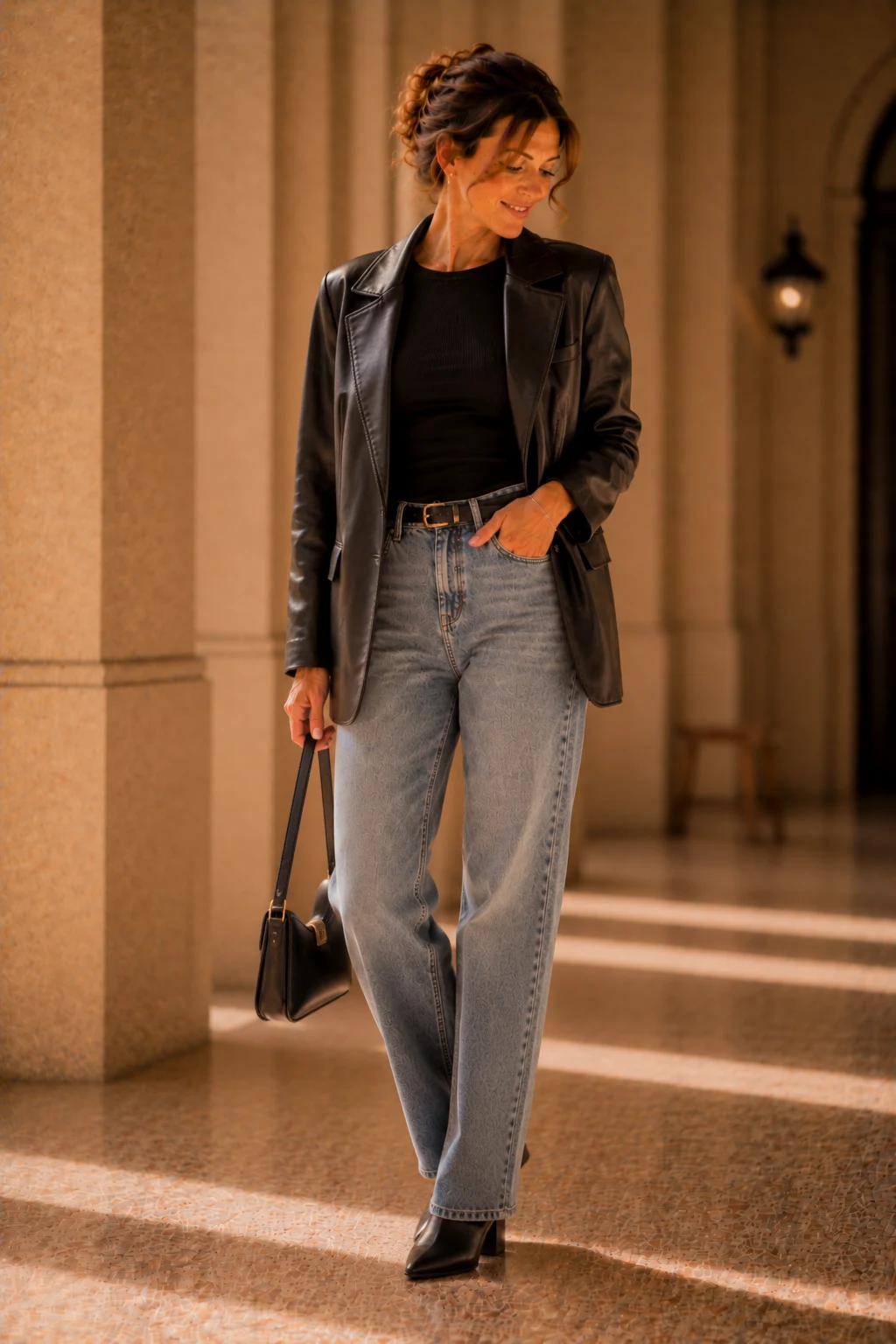 The Leather Blazer and Straight-Leg Jeans Pairing — outfit 90er style outfit, worn by a stylish woman