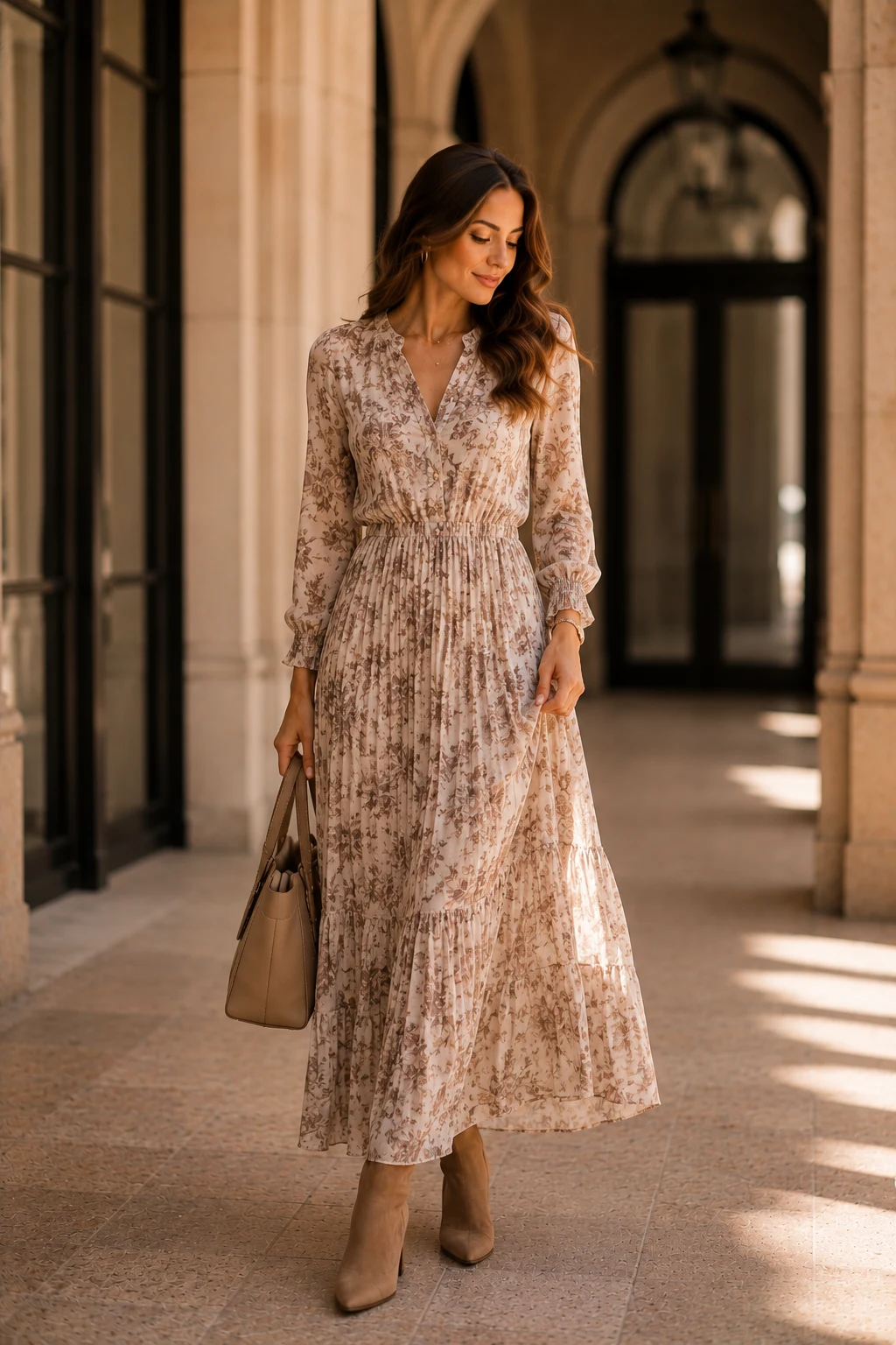 The Long Sleeve Maxi Dress With Boots Formula — outfit long sleeve style outfit, worn by a stylish woman