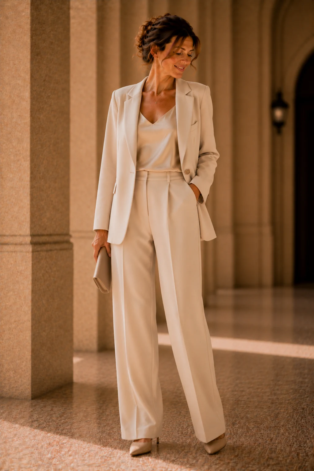 The Modern Pantsuit With Quiet Luxury Energy — outfit mother of bride style outfit, worn by a stylish woman