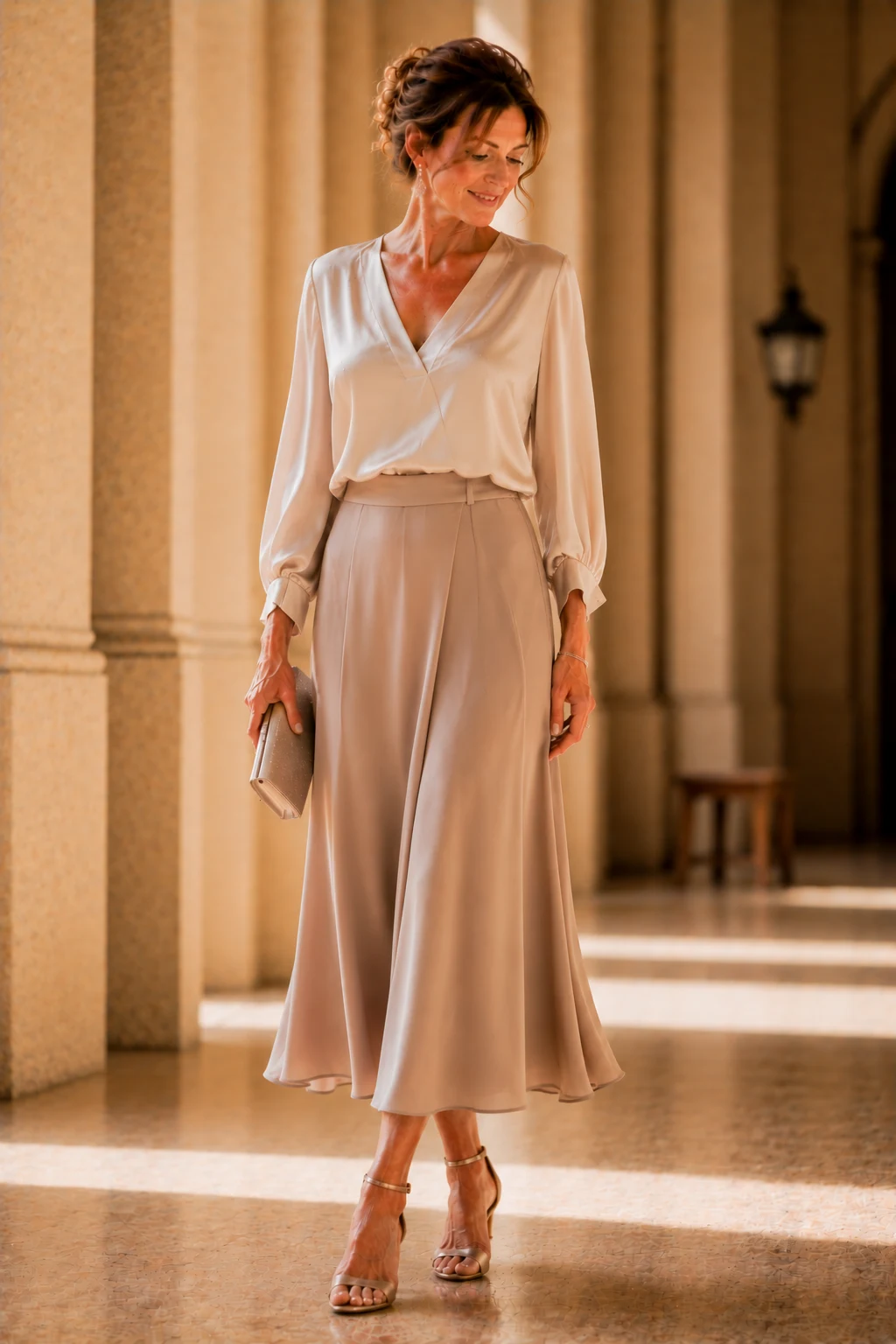 The Chic Skirt-and-Blouse Combination — outfits for grooms mum style outfit, worn by a stylish woman