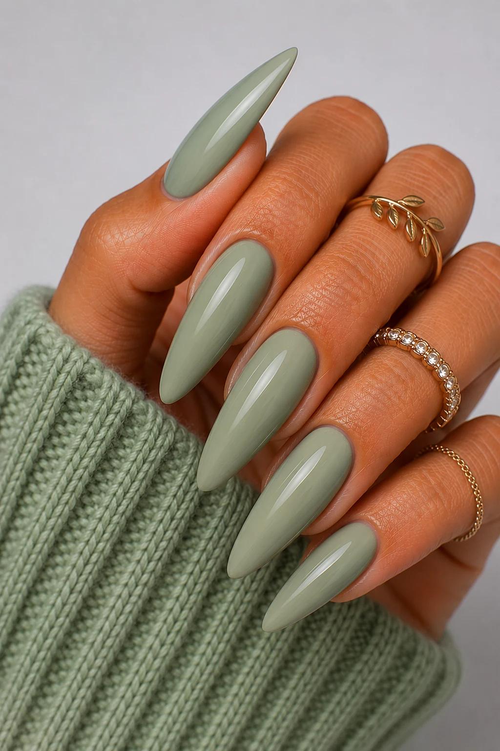 Sage Green Minimalist Chic — pale green nail ideas style outfit, worn by a stylish woman
