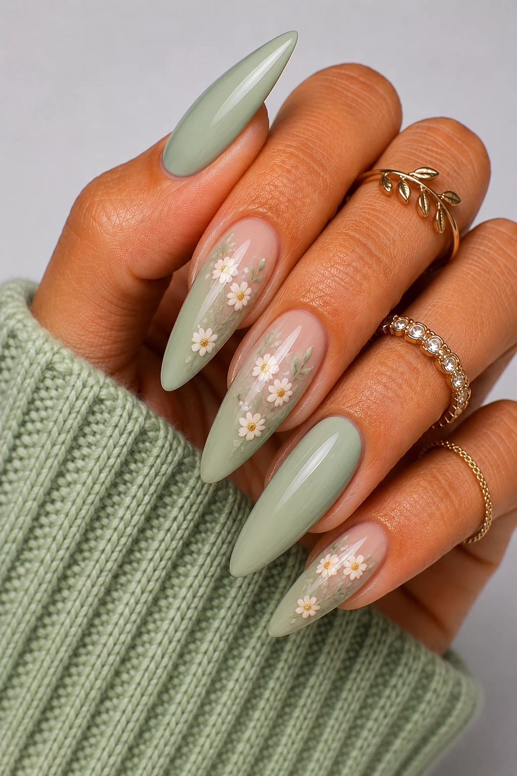 Pale Green Nail Ideas with Delicate Florals — pale green nail ideas style outfit, worn by a stylish woman