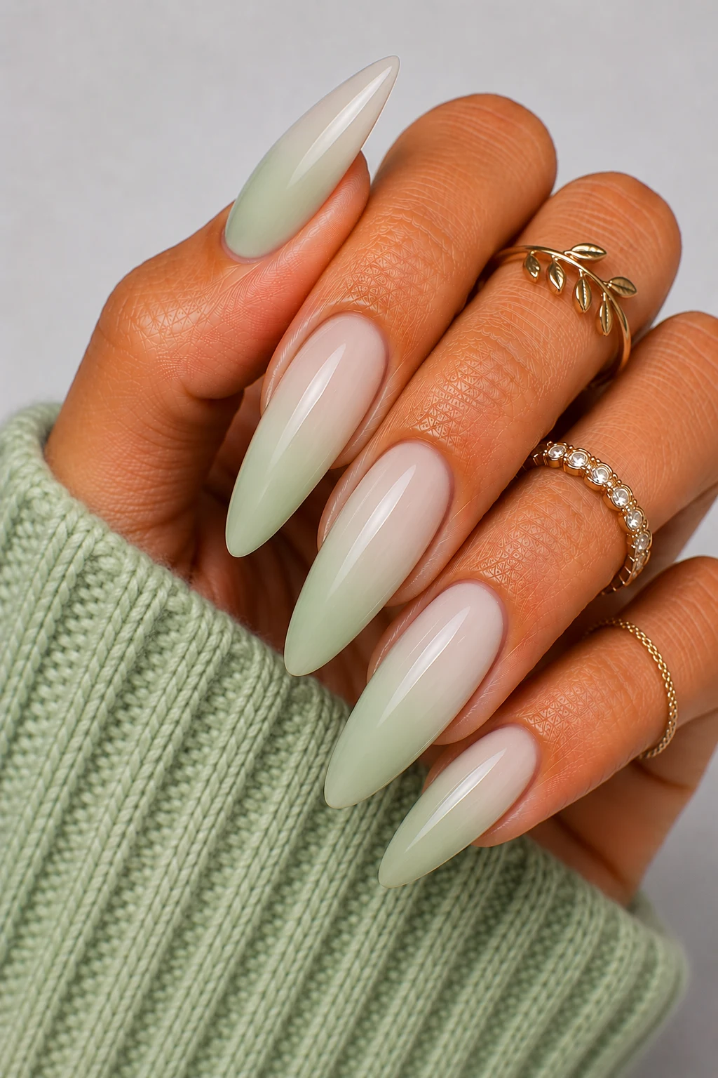 Milky Pale Green Ombre Dreams — pale green nail ideas style outfit, worn by a stylish woman
