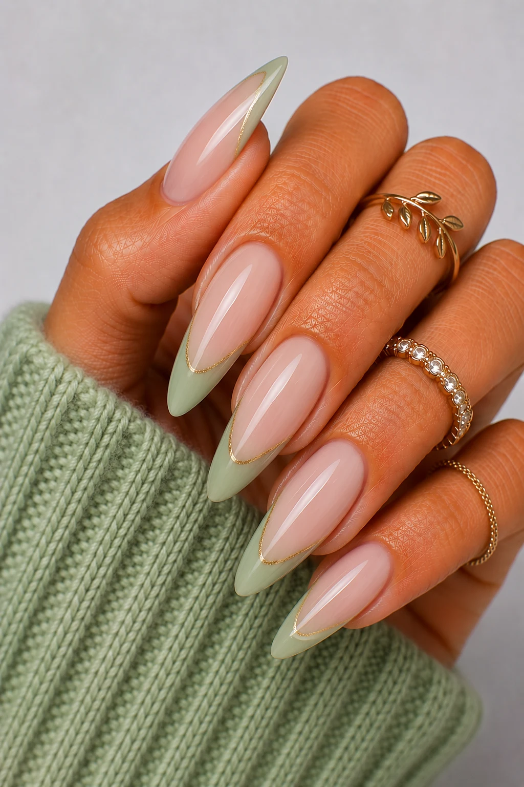 Pale Green French Tip Reinvention — pale green nail ideas style outfit, worn by a stylish woman