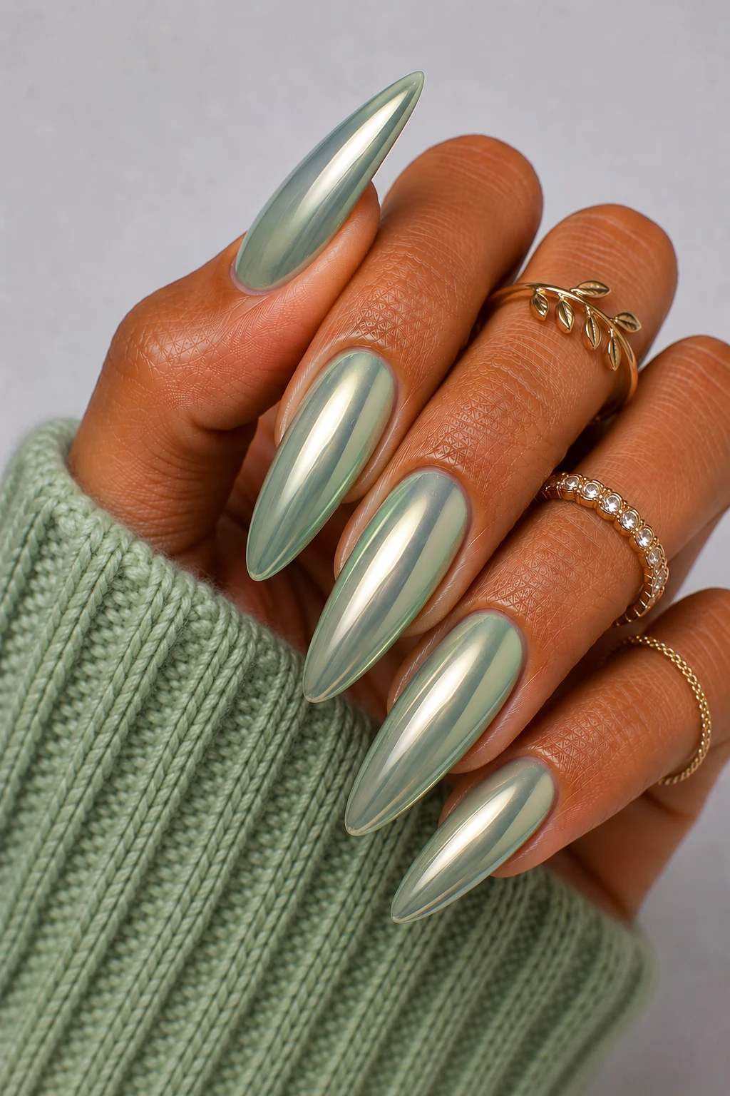 Chrome Pale Green Luxury — pale green nail ideas style outfit, worn by a stylish woman