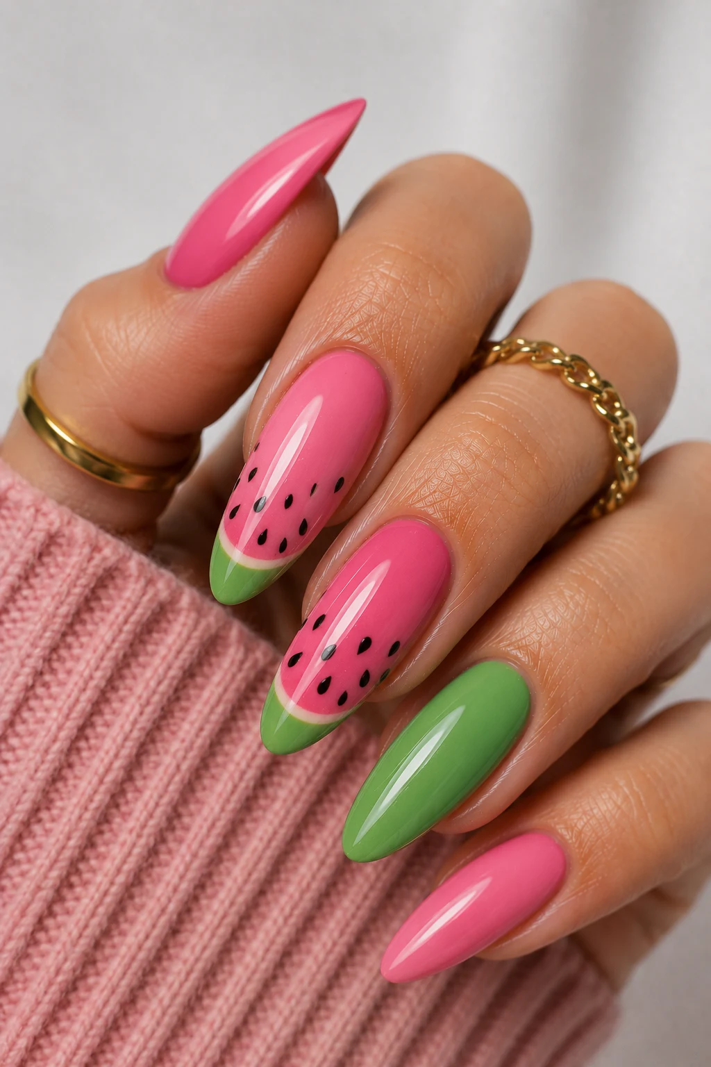 Watermelon Sugar Chic — pink and green nail ideas style outfit, worn by a stylish woman