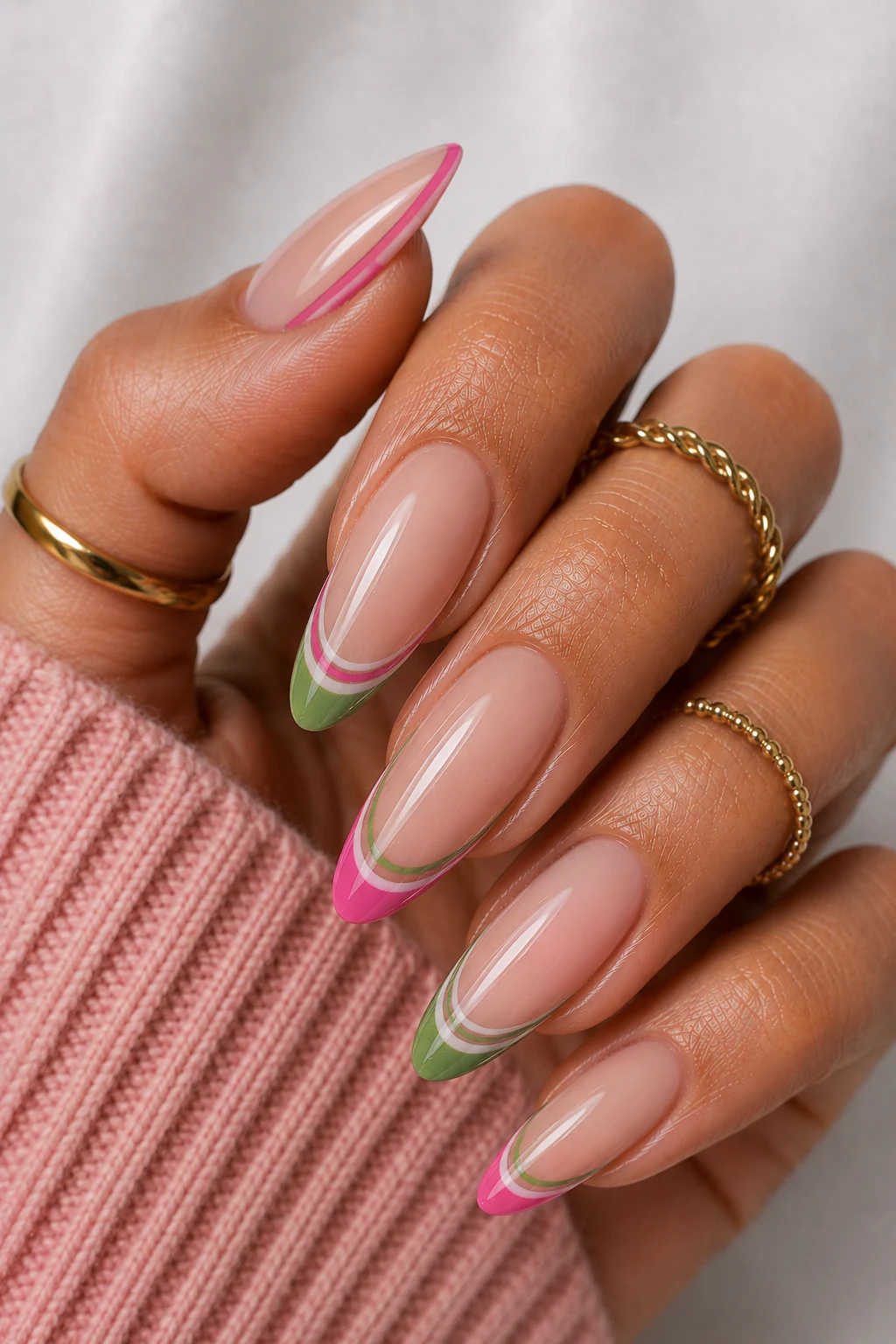 Pink and Green Nail Ideas With French Tip Flair — pink and green nail ideas style outfit, worn by a stylish woman
