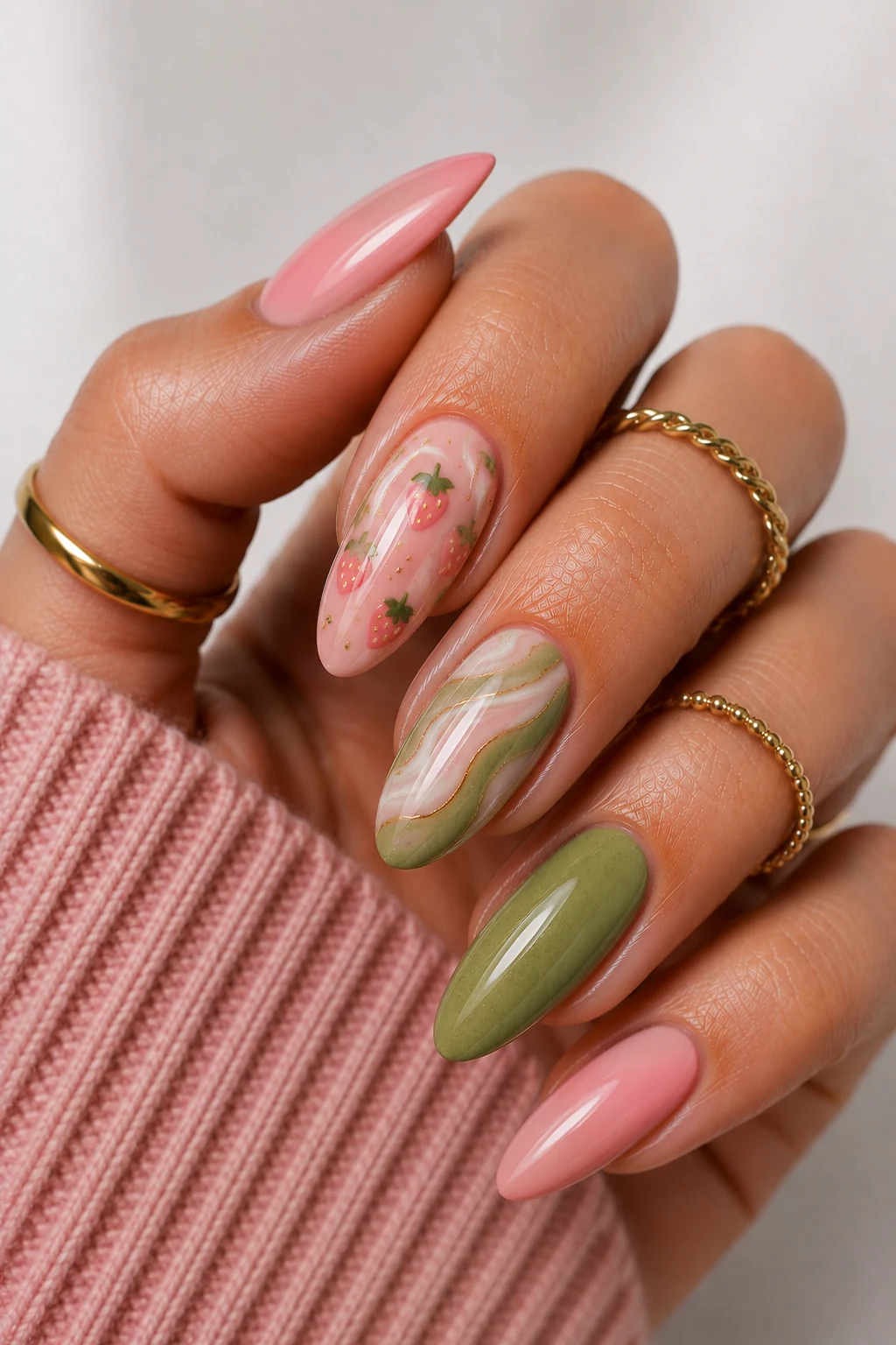 Strawberry Matcha Dreams — pink and green nail ideas style outfit, worn by a stylish woman