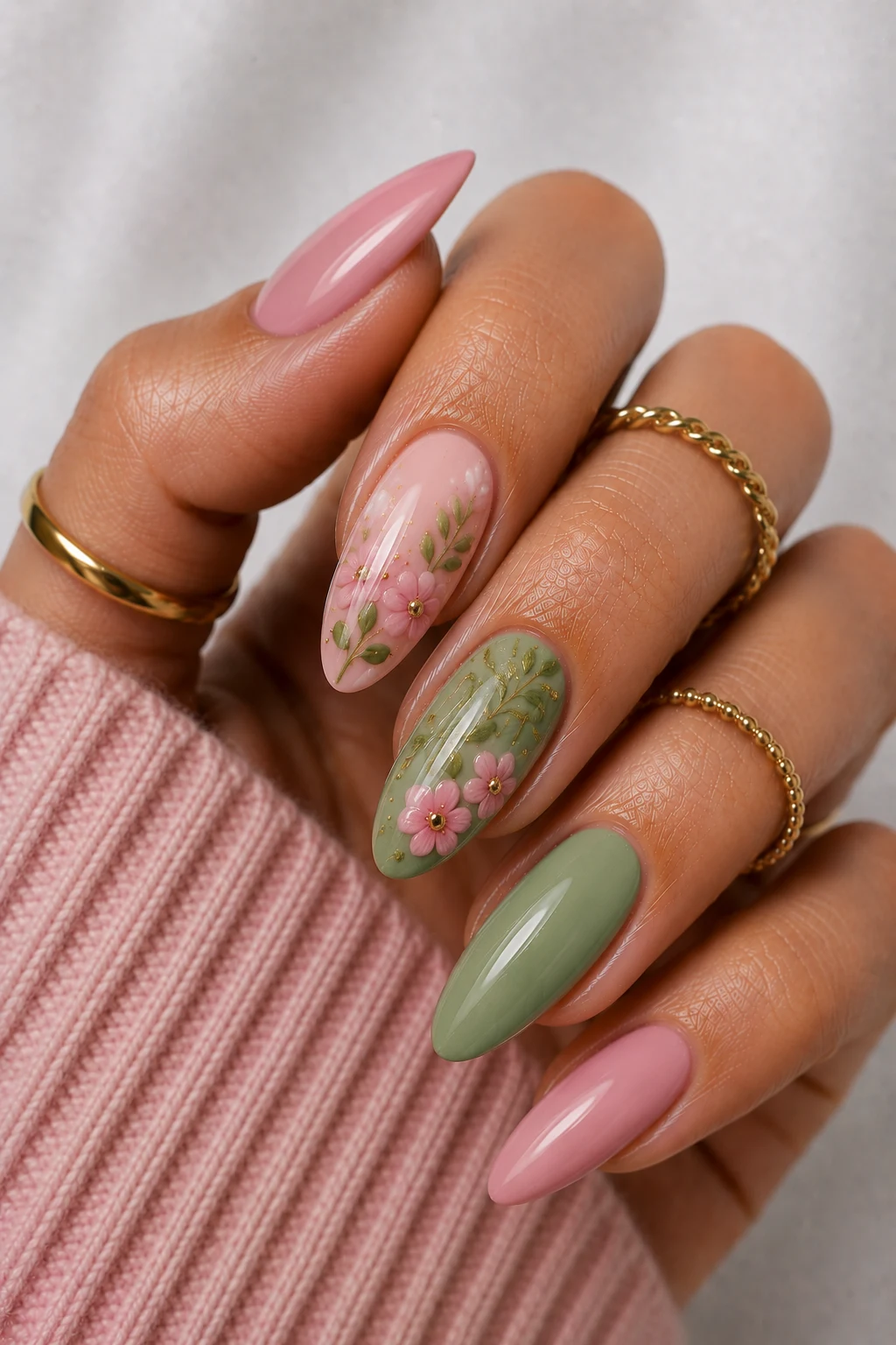Floral Garden Glam — pink and green nail ideas style outfit, worn by a stylish woman