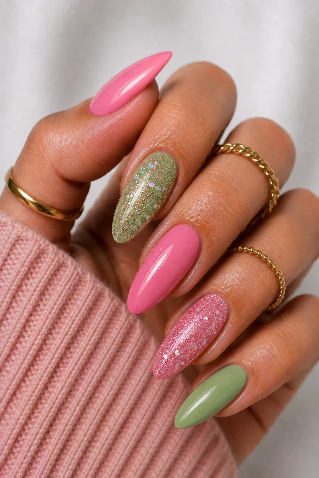 Pink and Green Nail Ideas With Glitter Party Energy — pink and green nail ideas style outfit, worn by a stylish woman