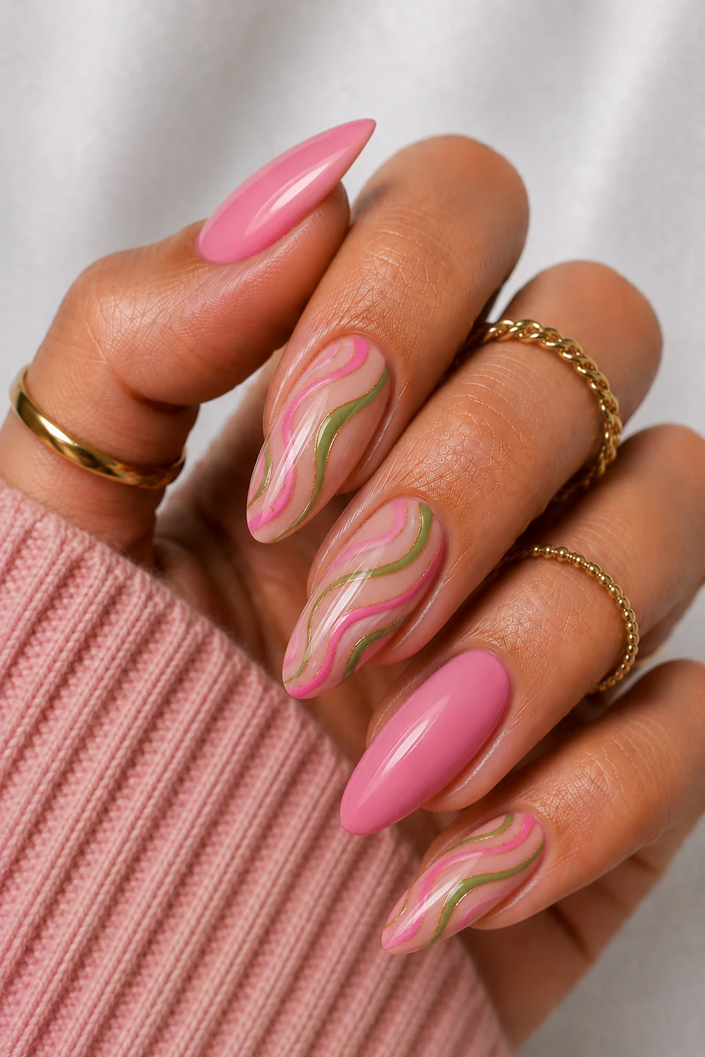 Pink and Green Swirl Art Magic — pink and green nail ideas style outfit, worn by a stylish woman
