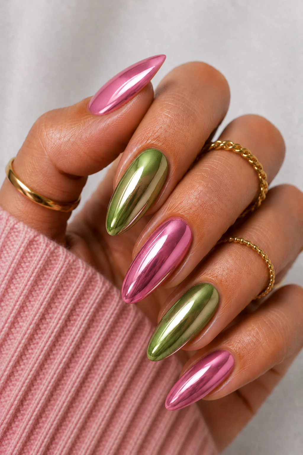 Pink and Green Nail Ideas With Chrome Elegance — pink and green nail ideas style outfit, worn by a stylish woman