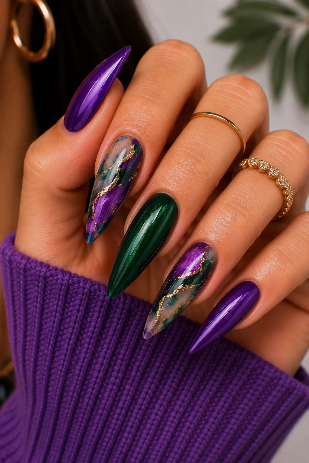 Introduction — purple and green nail ideas style outfit, worn by a stylish woman