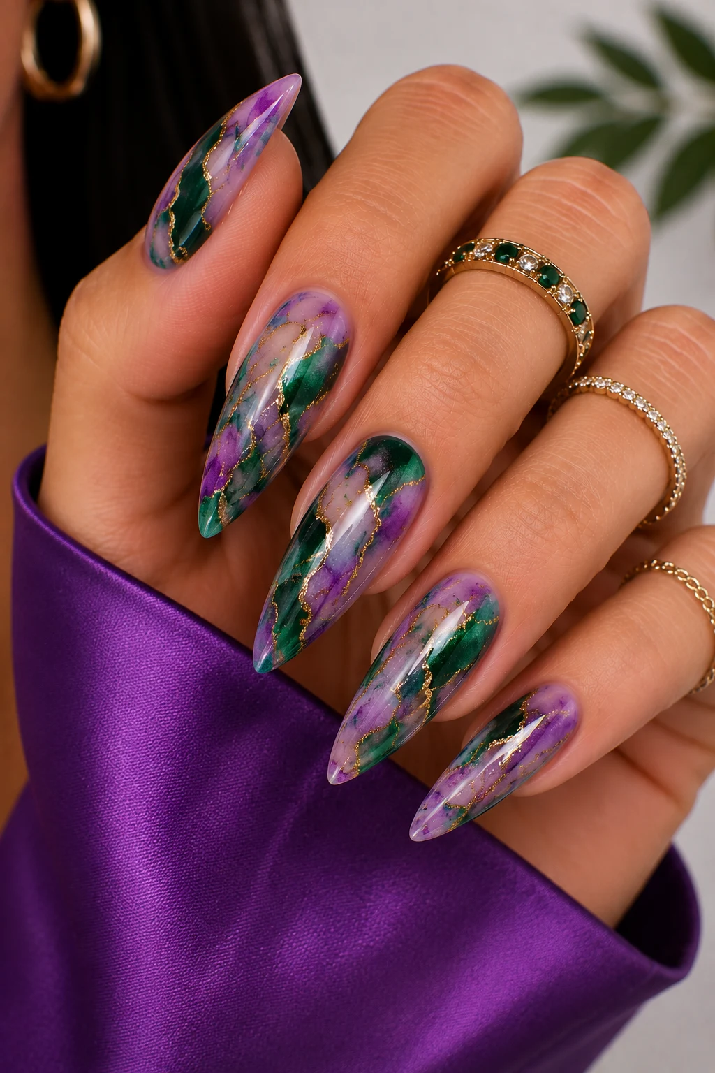 Emerald and Lavender Marble Magic — purple and green nail ideas style outfit, worn by a stylish woman