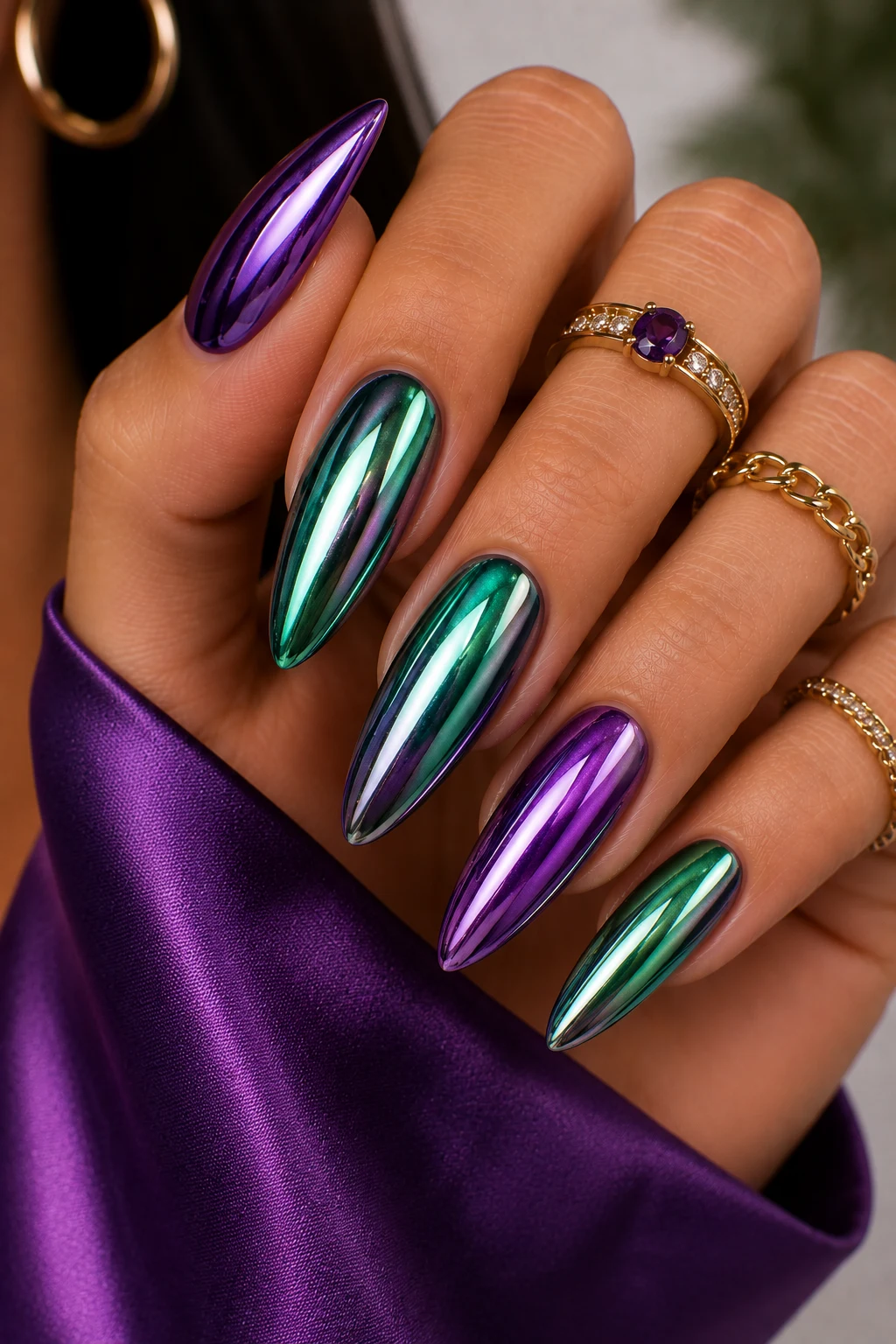 Purple and Green Nail Ideas with Chrome Glam — purple and green nail ideas style outfit, worn by a stylish woman