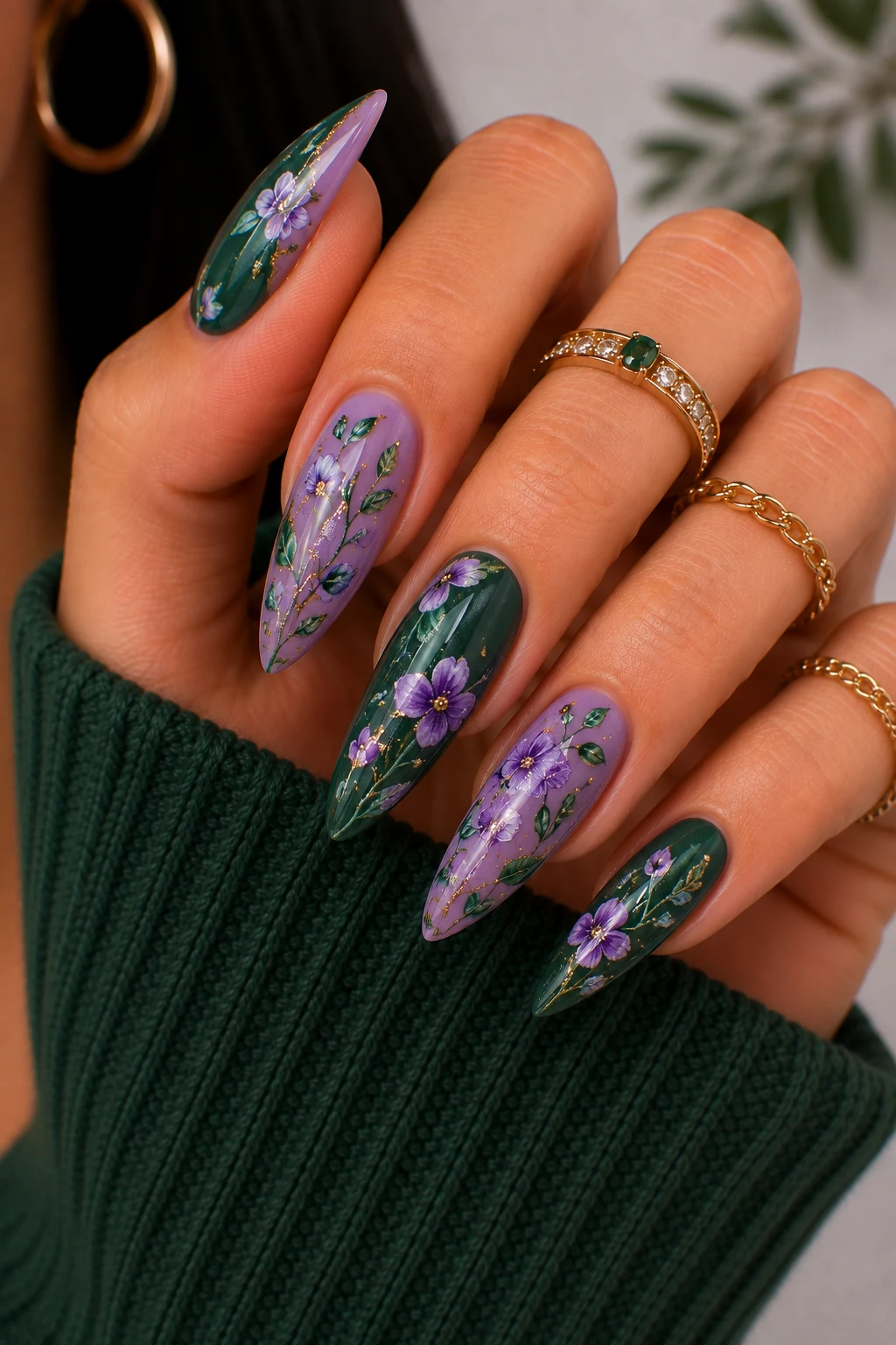 Botanical Purple and Green Nail Ideas — purple and green nail ideas style outfit, worn by a stylish woman